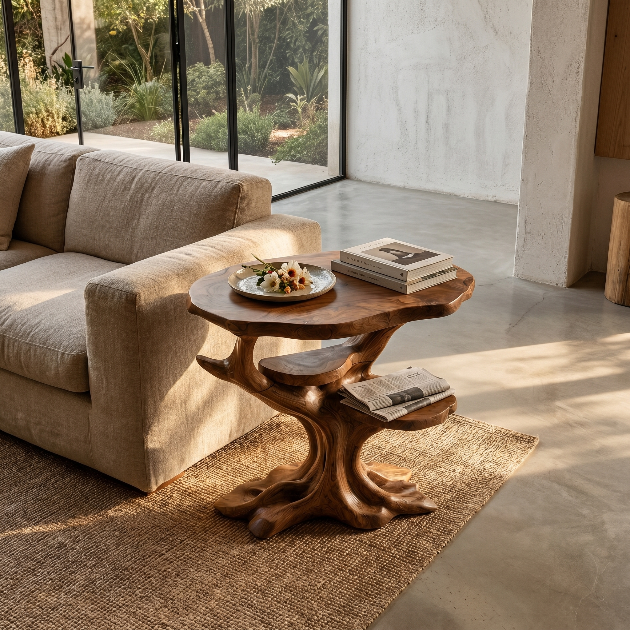 Organic Sculptural Side Table With Solid Wood Display Shelves For Living Room And Bedroom
