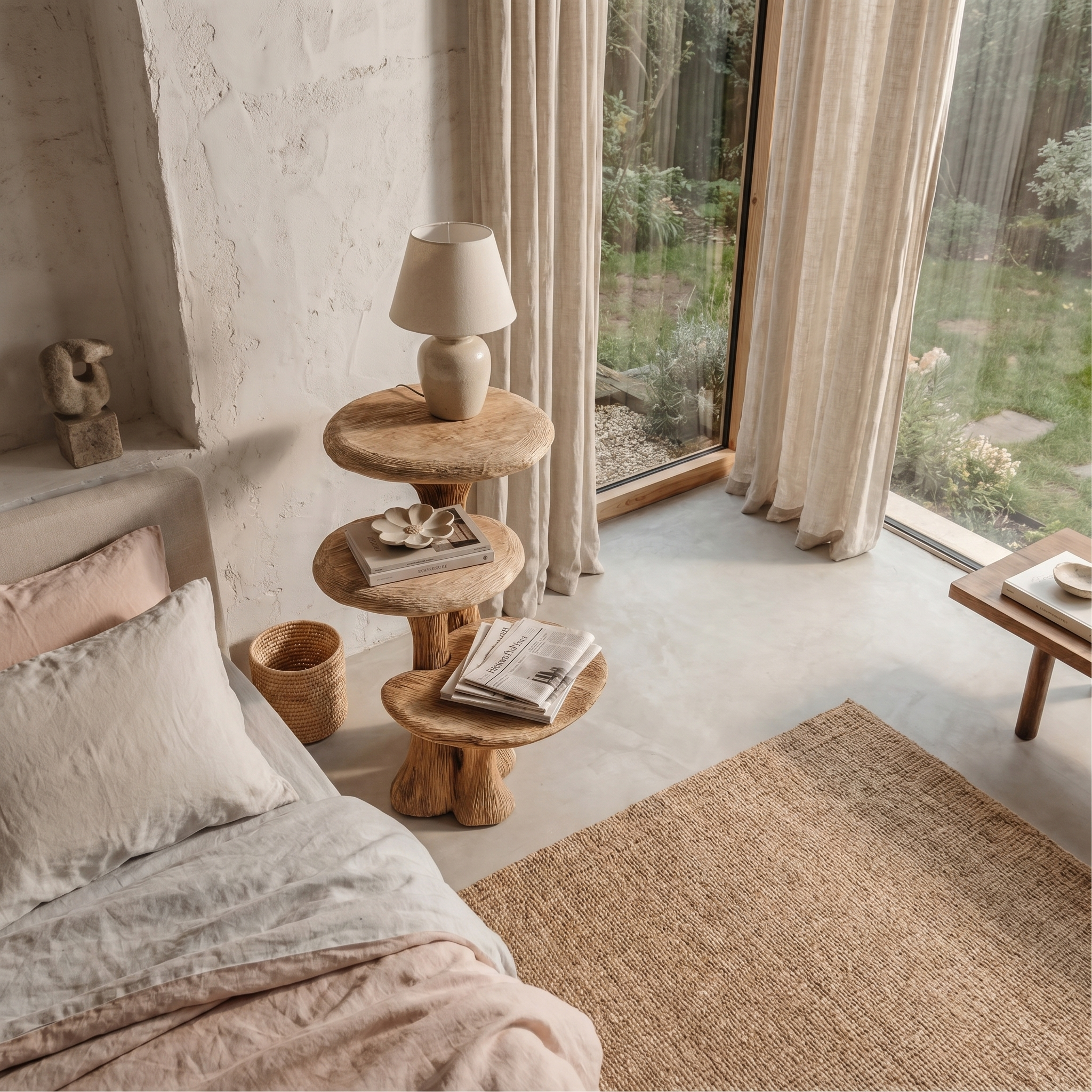 Organic Sculptural Nightstand With Multi Tier Solid Wood Shelves For Bedroom