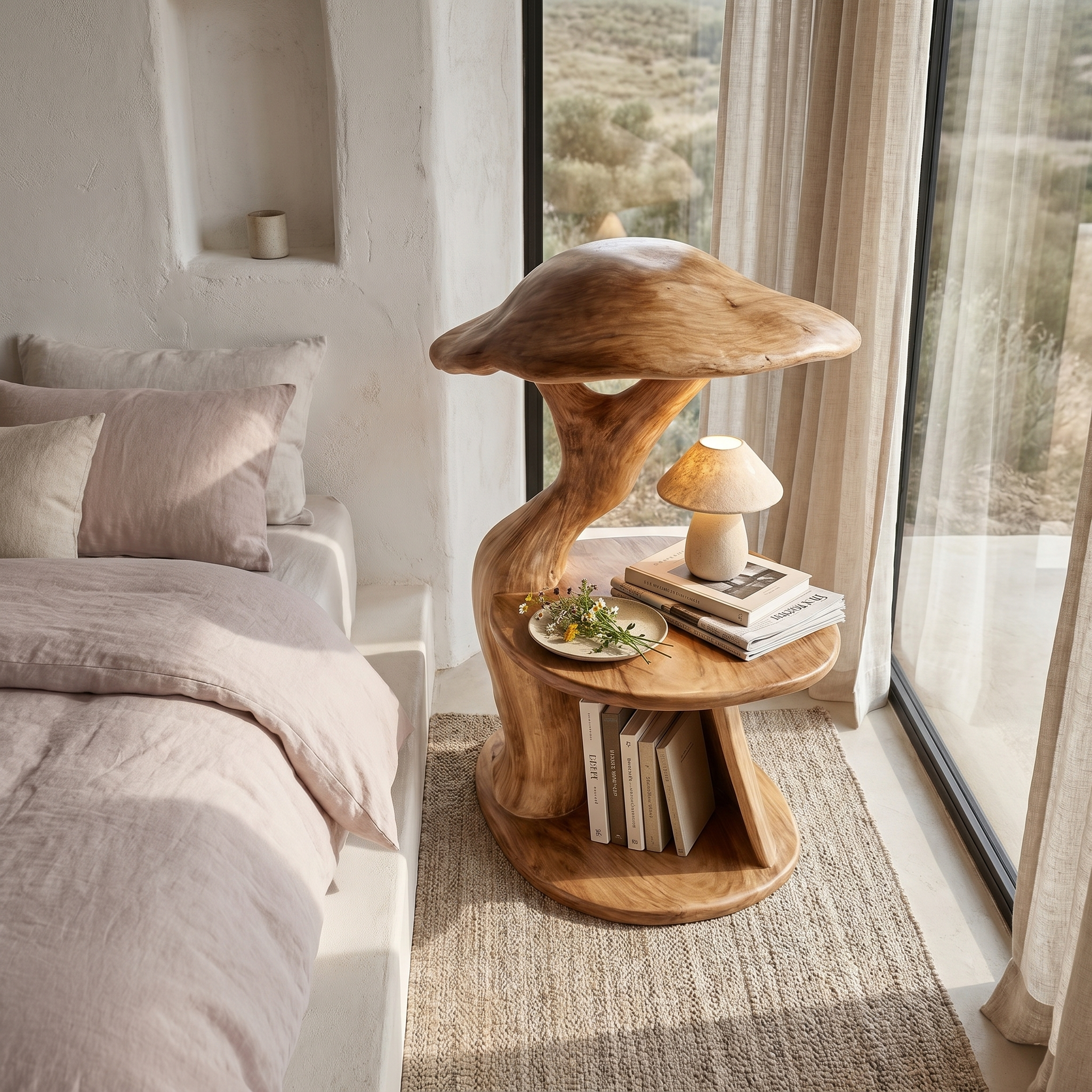 Organic Mushroom Nightstand With Sculptural Solid Wood Design And Vinyl Storage For Bedroom