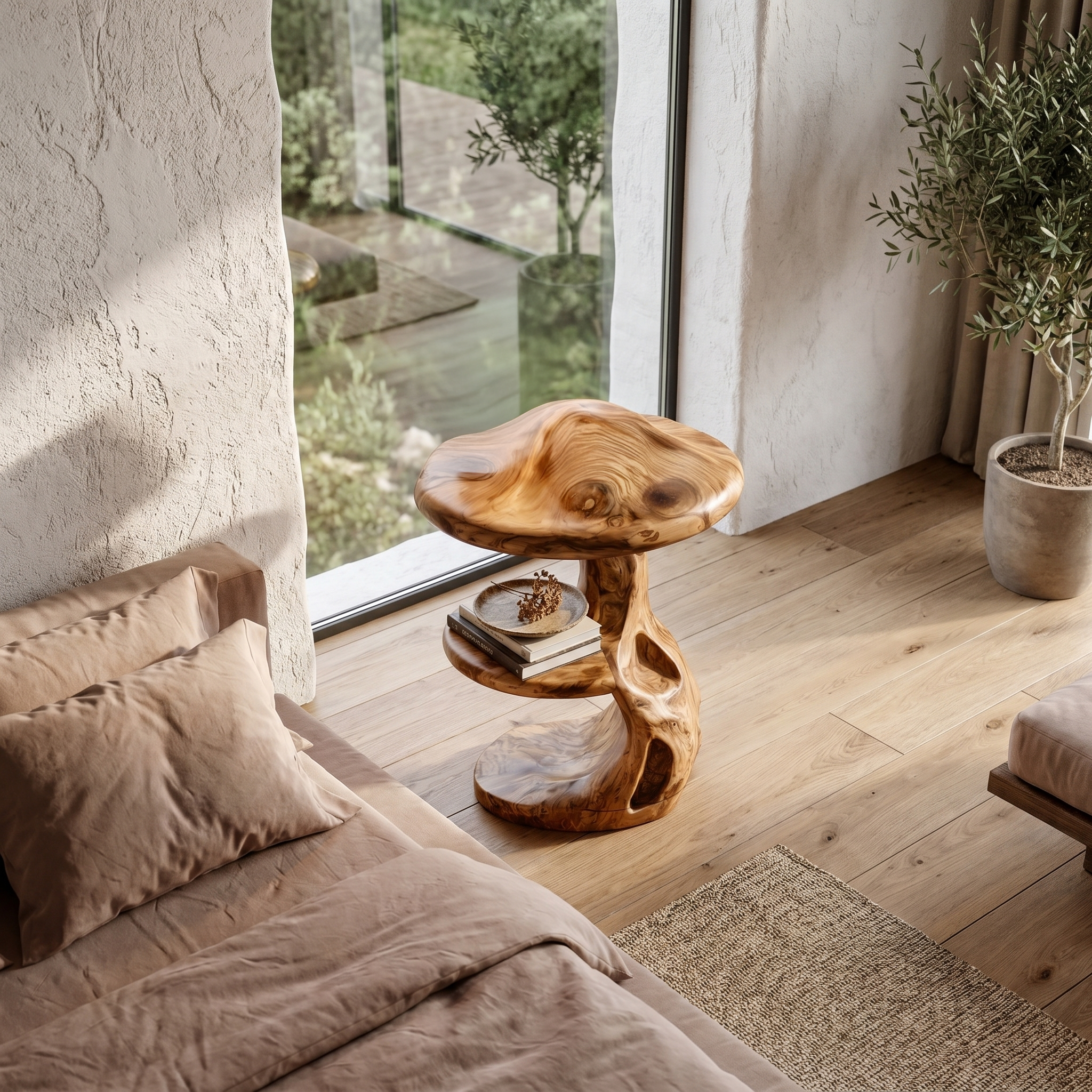 Rustic Mushroom Nightstand With Sculptural Tree Root Base And Built In Drawer For Bedroom