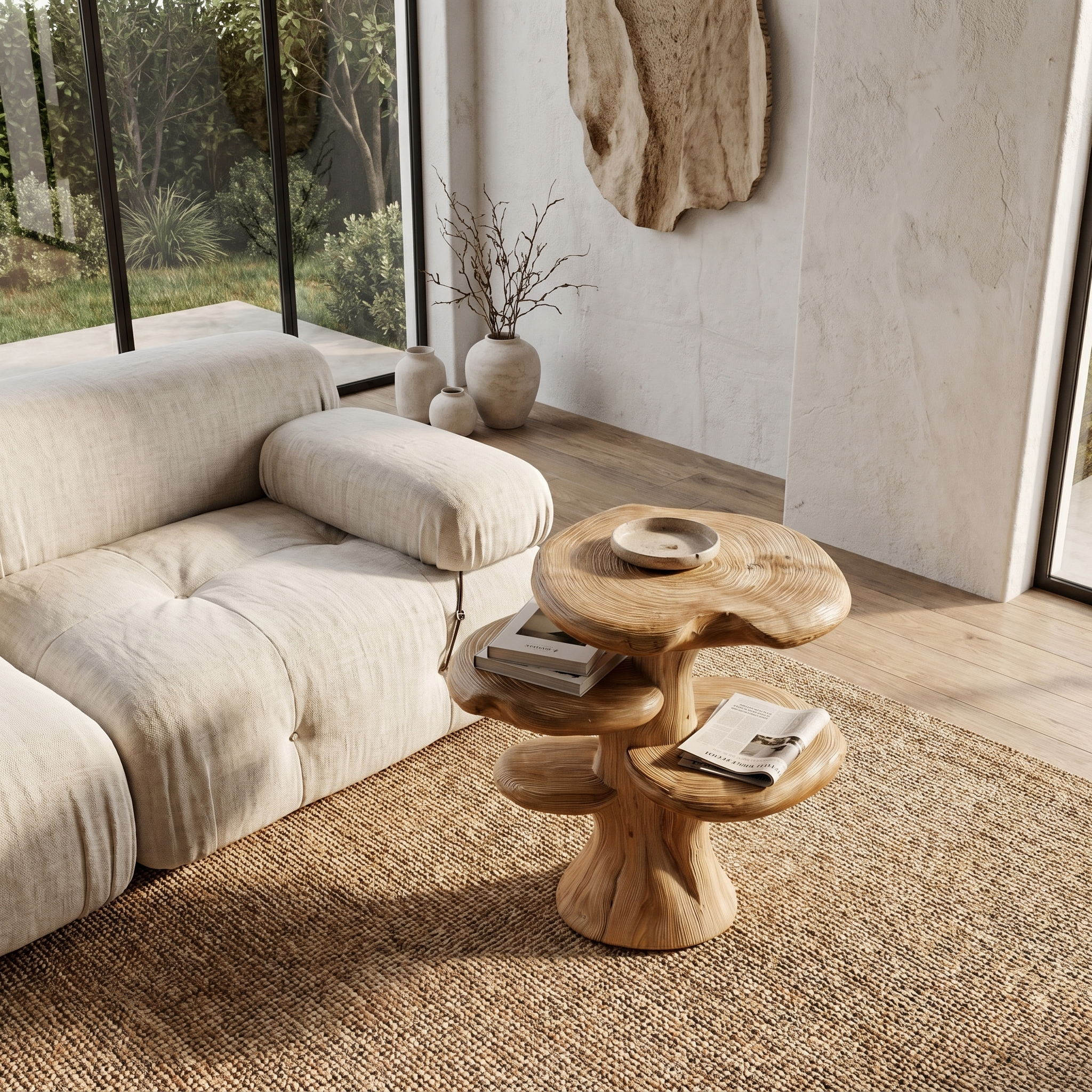 Organic Sculptural Beside Table With Tiered Solid Wood Shelves For Living Room