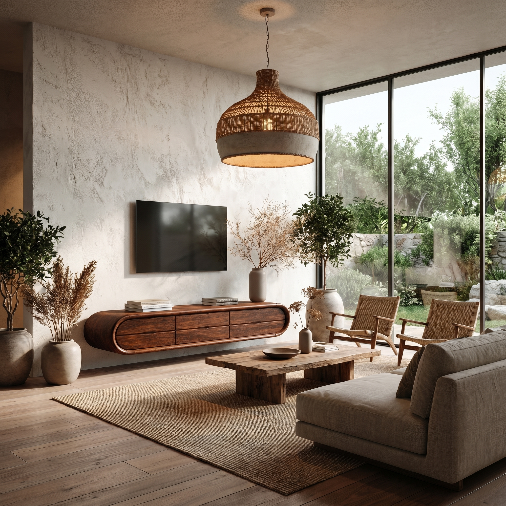 Organic Floating TV Cabinet With Sculptural Curved Wood Frame For Living Room
