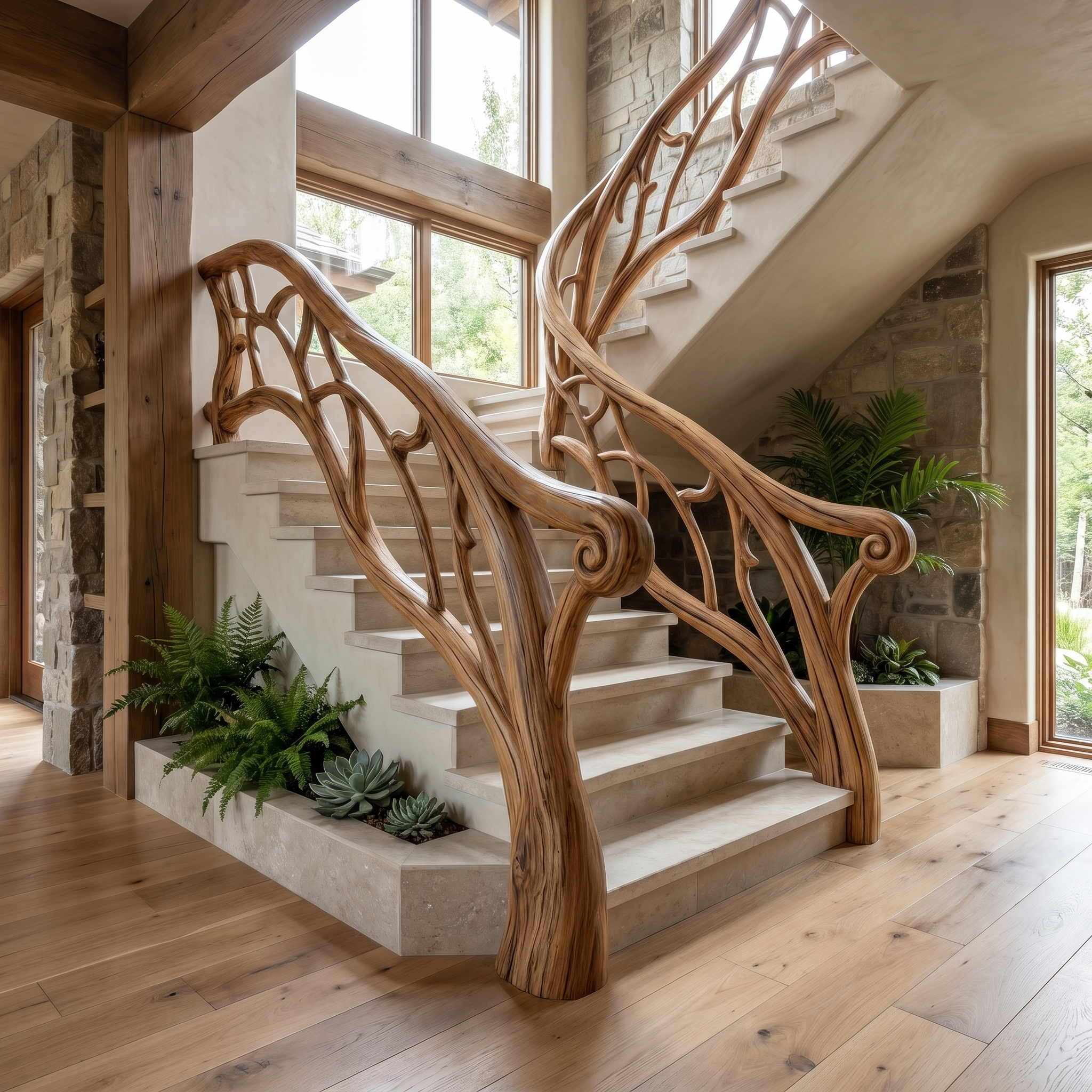 Artistic Tree Branch Stair Railing With Sculptural Wood Design For Interior Staircase