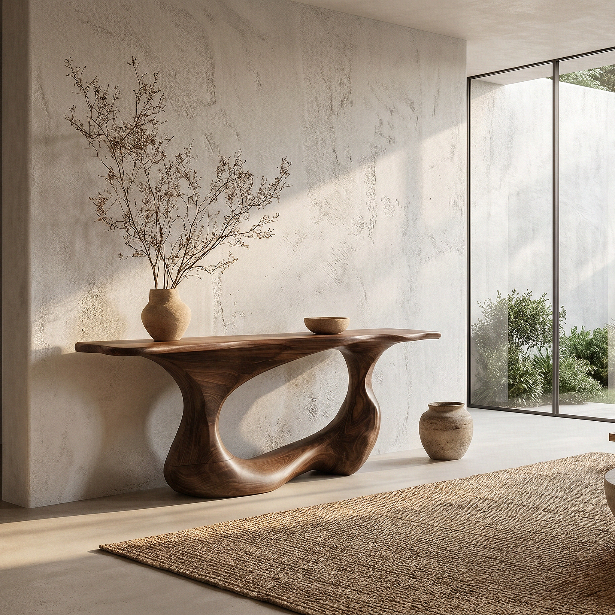 Contemporary Console Table With Artistic Open Loop Solid Wood Base For Living Room