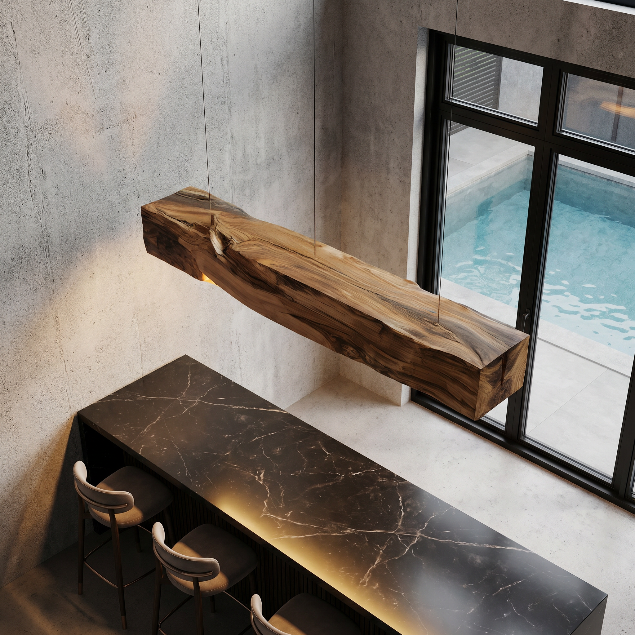 Organic Modern Pendant Light With Sculptural Wood Beam For Living Room And Kitchen