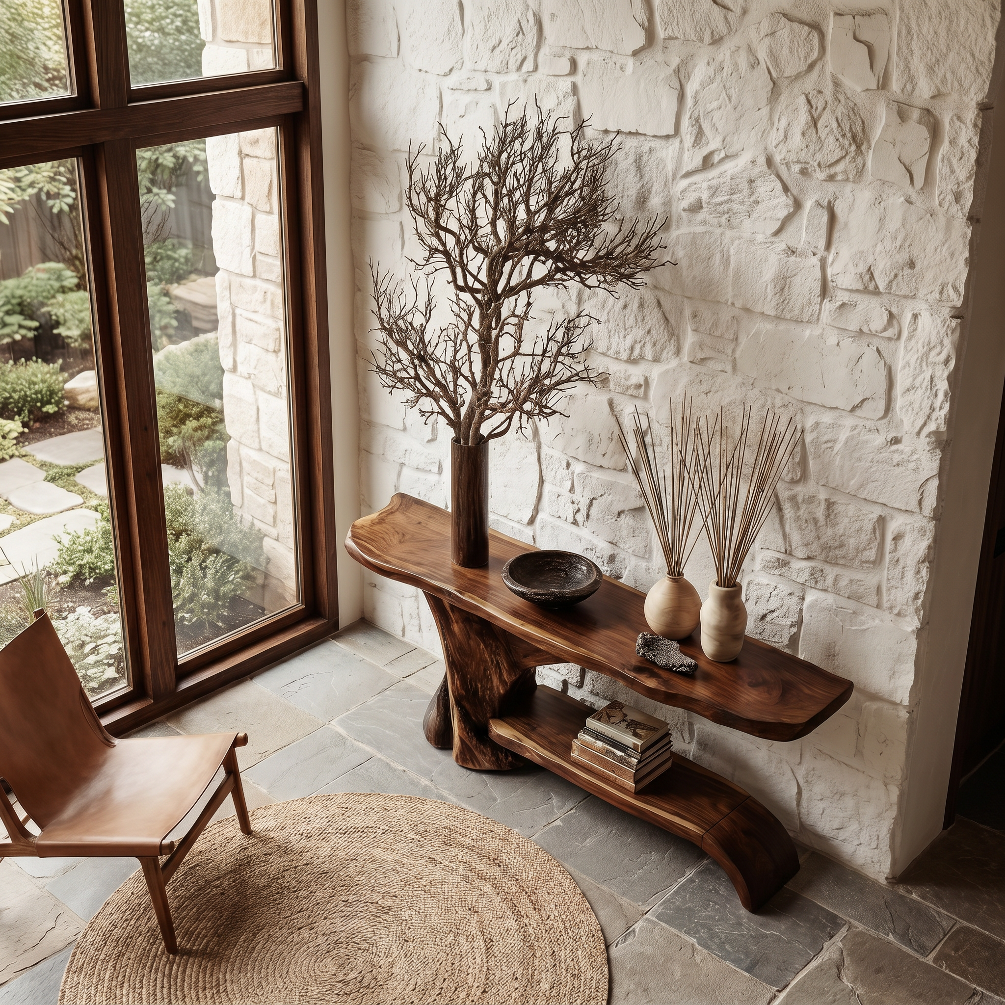 Rustic Live Edge Console Table With Natural Tree Form Base For Living Room