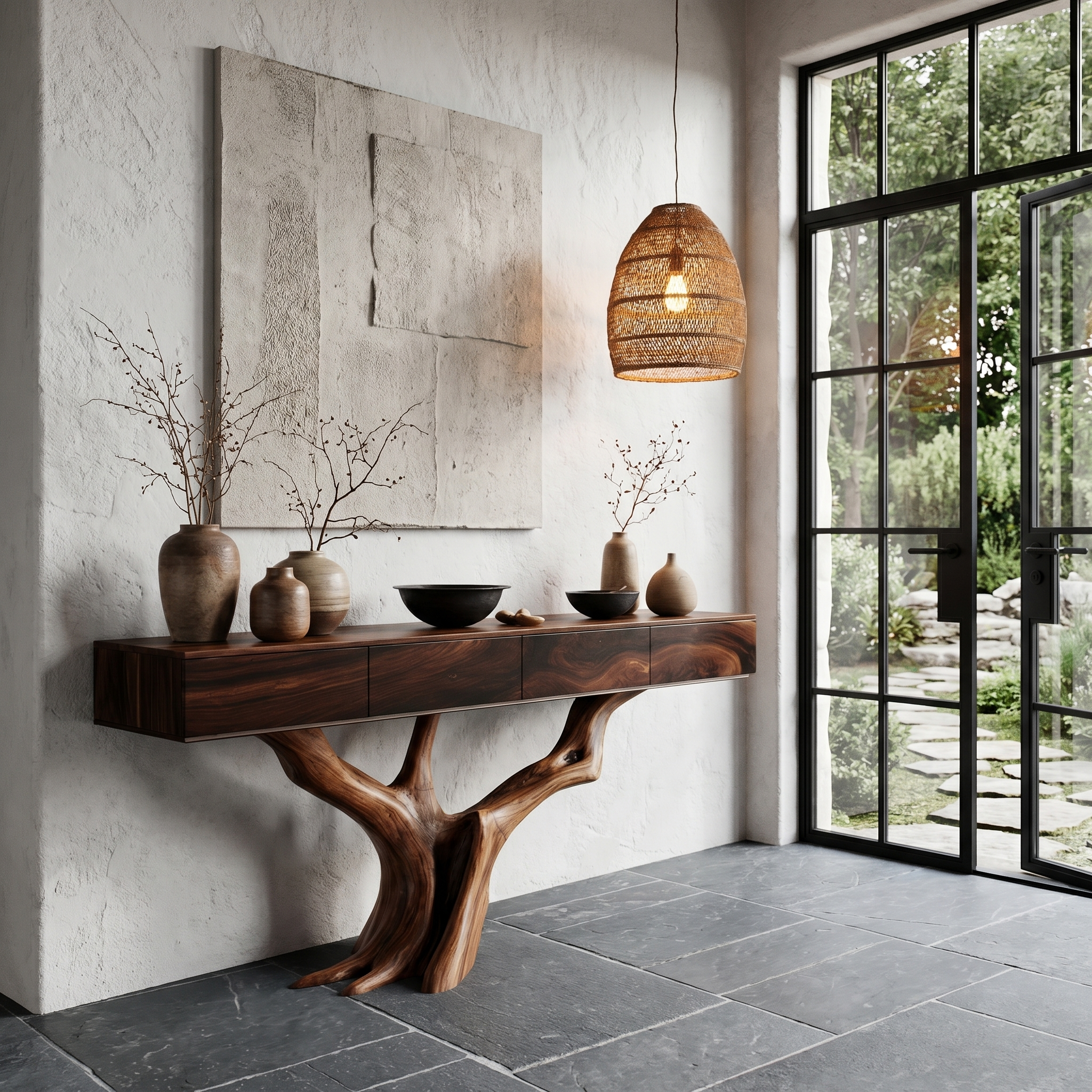 Rustic Live Edge Console Table With Sculptural Tree Branch Base For Entryway And Living Room