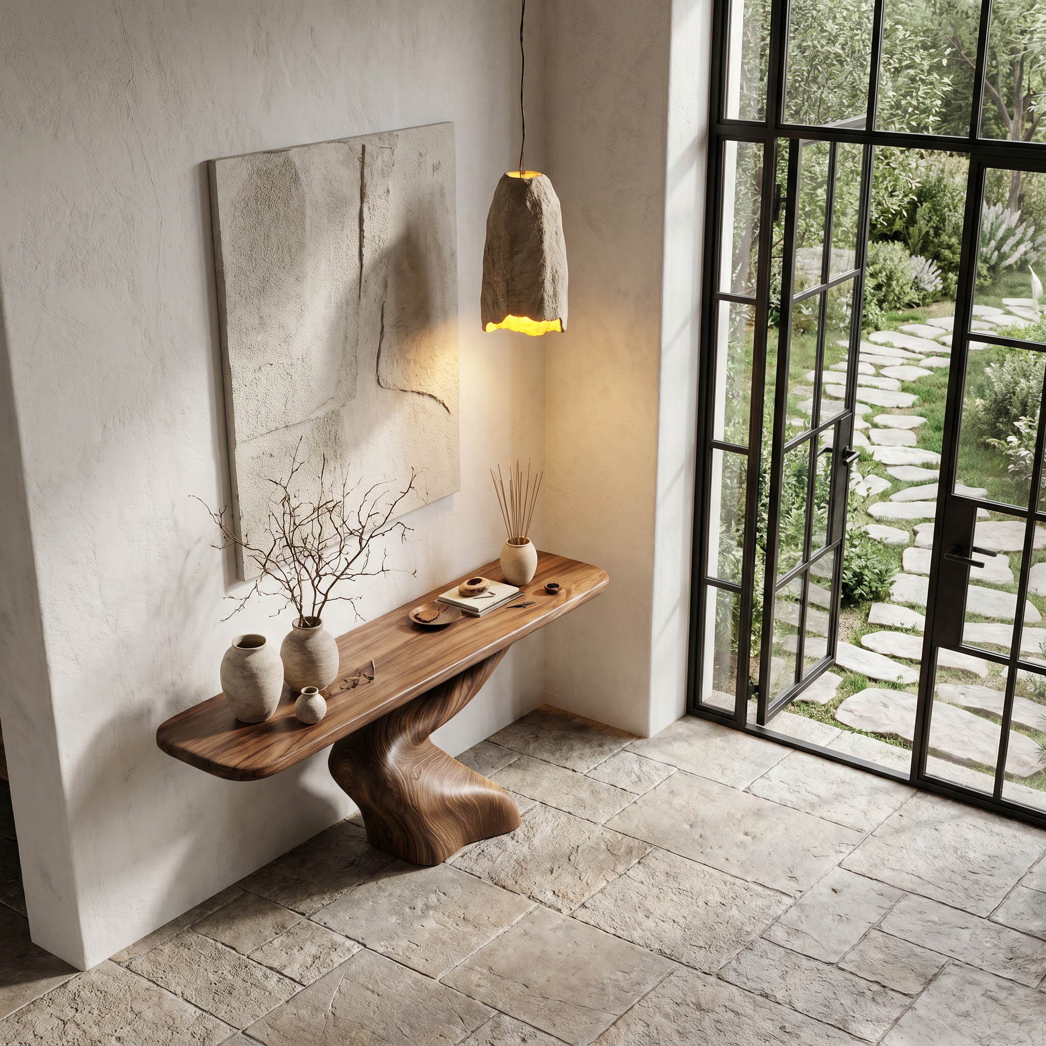 Organic Console Table With Sculptural Twisted Solid Wood Base For Entryway And Living Room