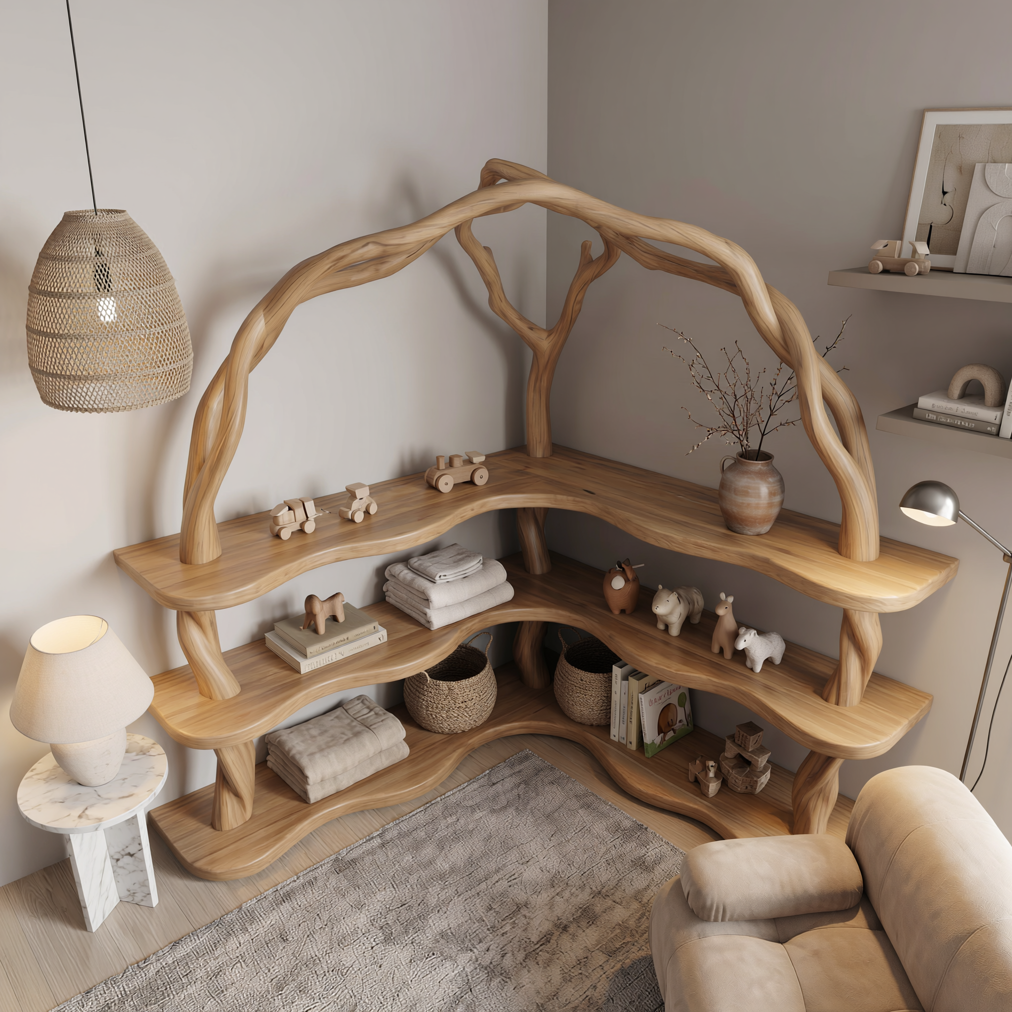 Organic Corner Bookcase With Natural Branch Frame Design For Living Room And Bedroom