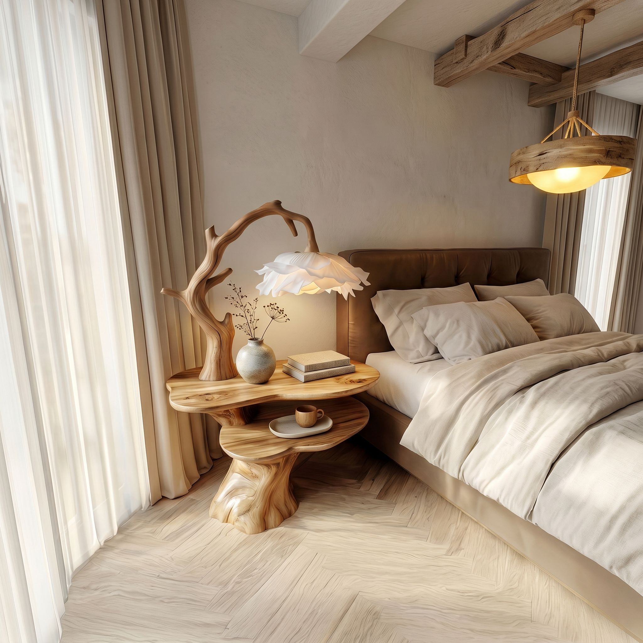Natural Bedside Table With Floral Lamp And Tree Branch Form For Bedroom And Guest Room