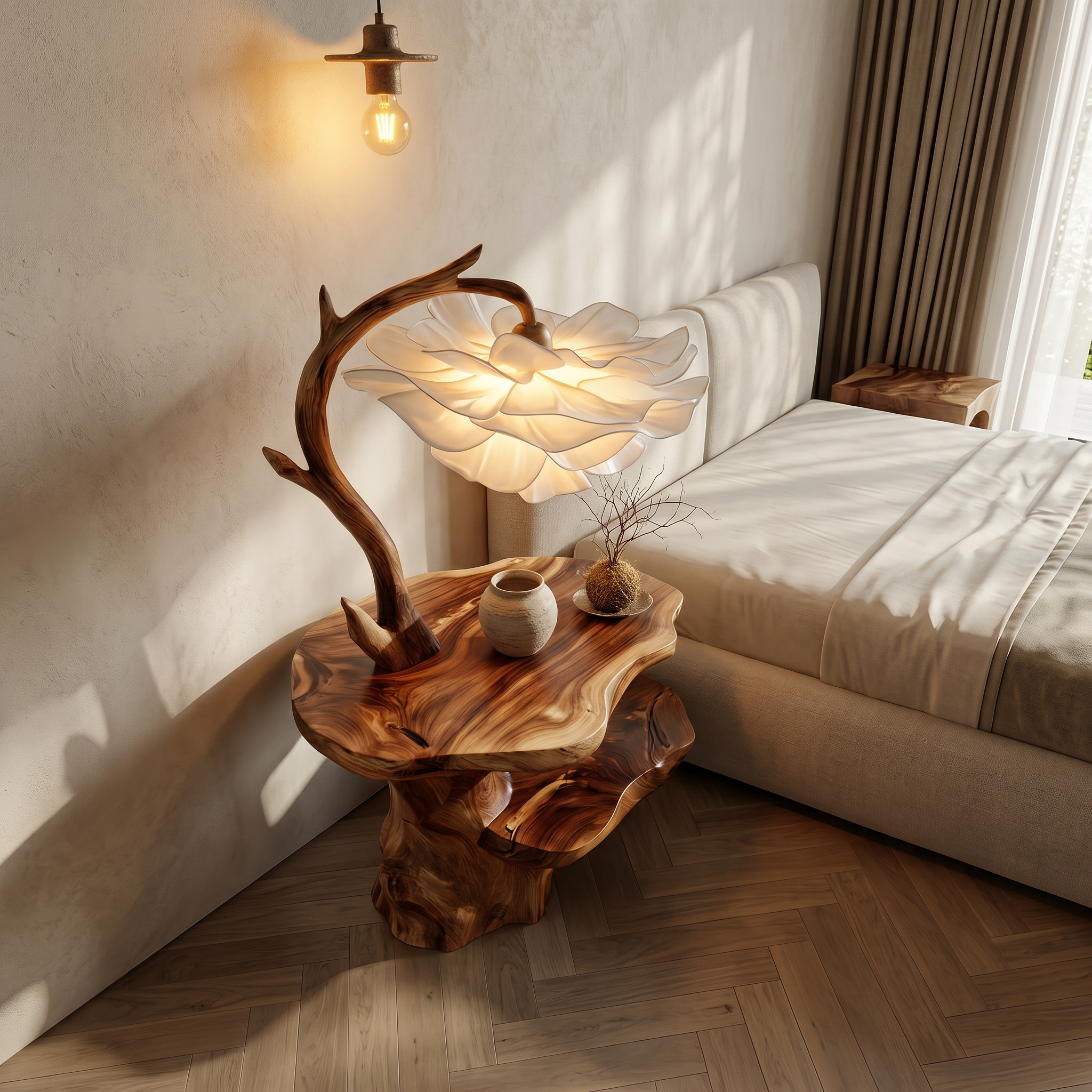 Organic End Table With Flower Lamp And Tree Branch Design For Bedroom And Reading Nook
