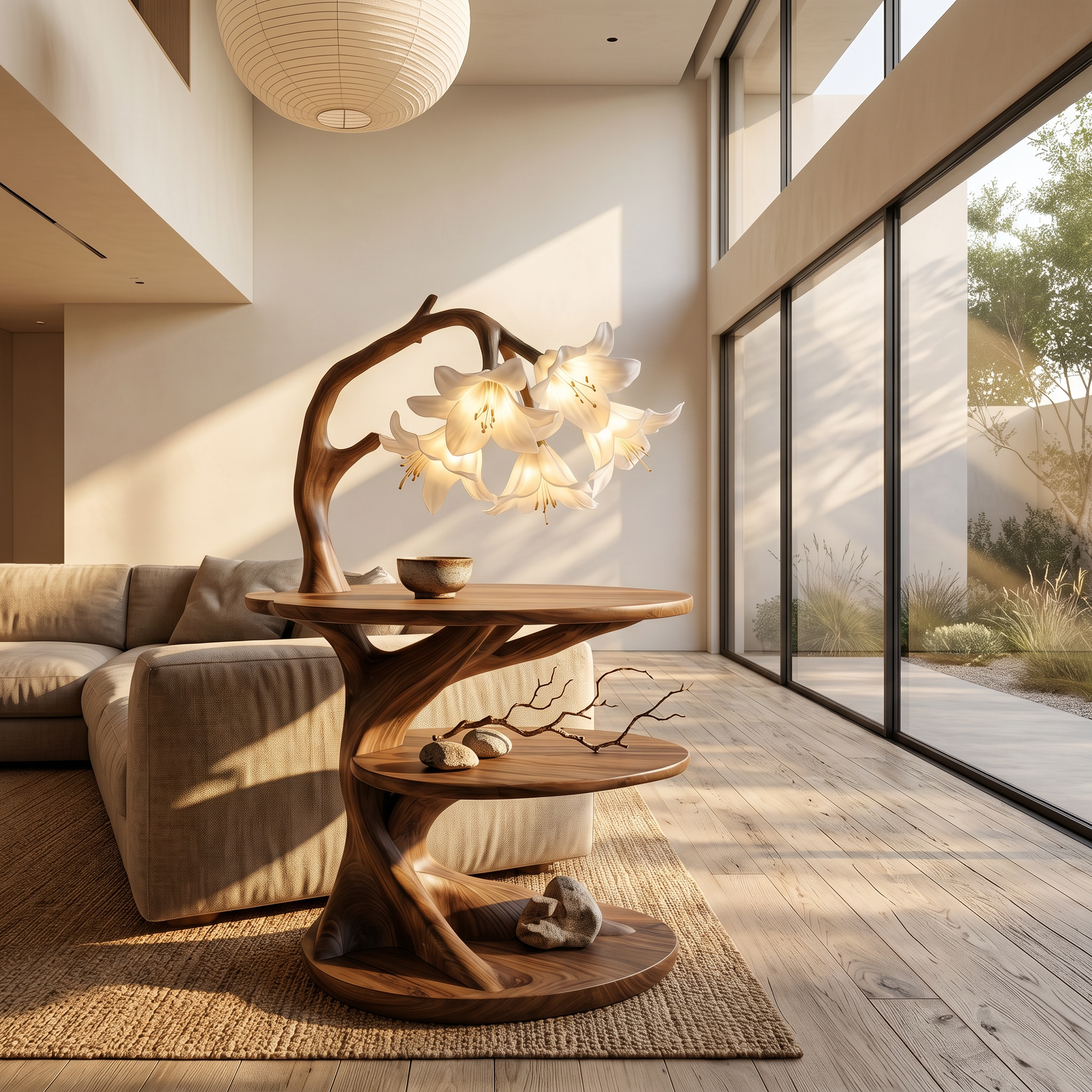 Rustic Side Table With Flower Shade Lamp For Bedroom And Living Room