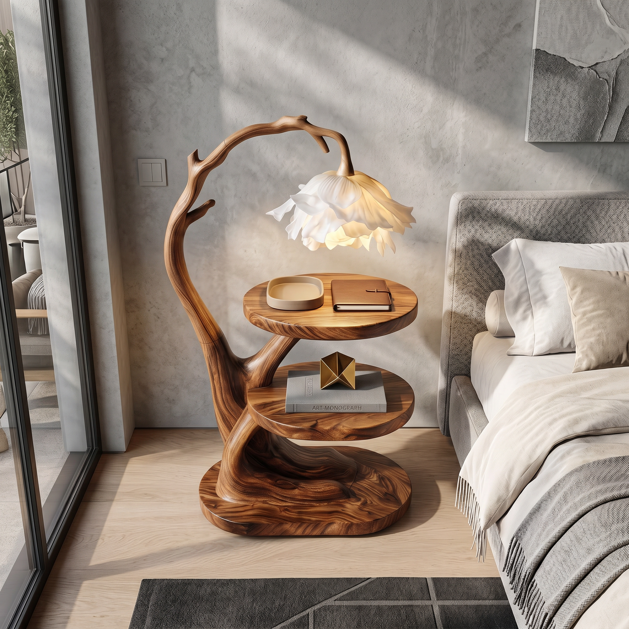 Organic Bedside Table With Sculptural Flower Lamp For Bedroom And Reading Nook