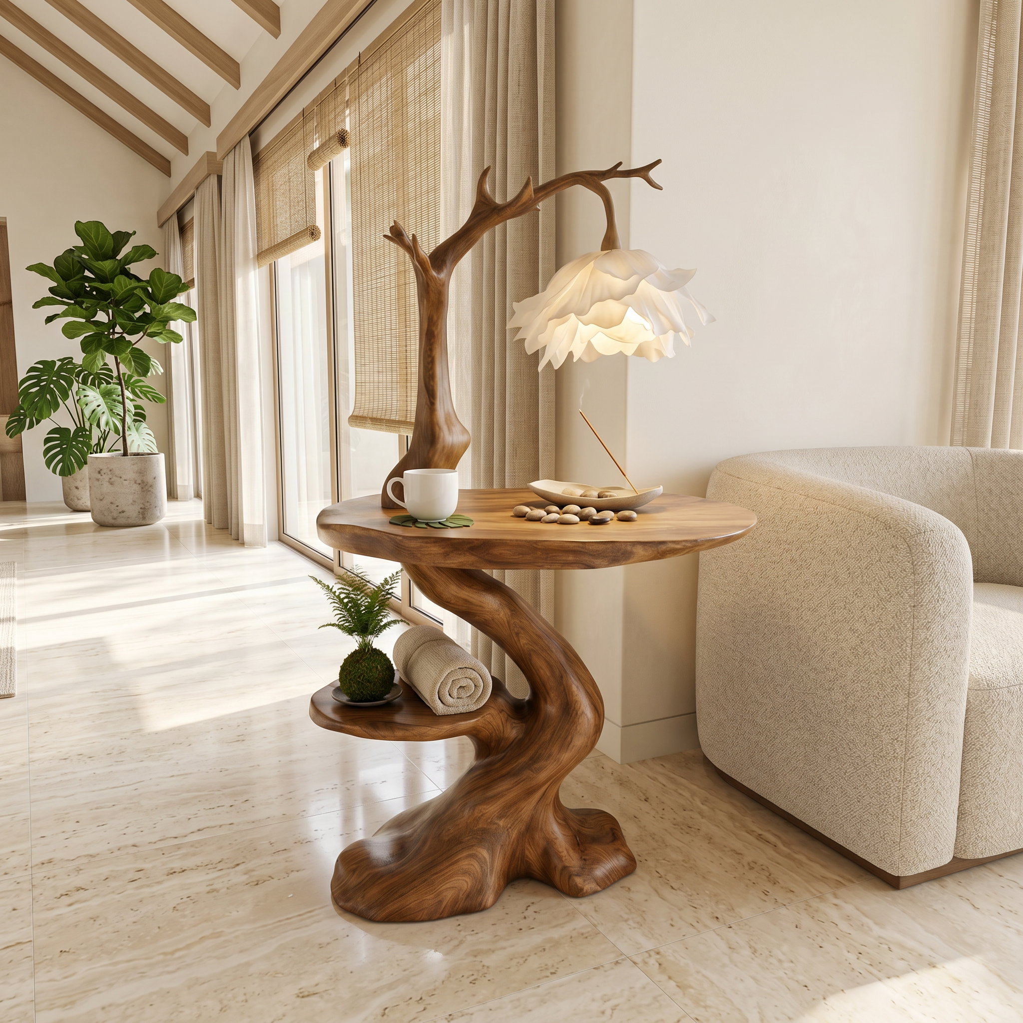 Modern End Table With Tree Branch Lamp Design For Bedroom And Living Room