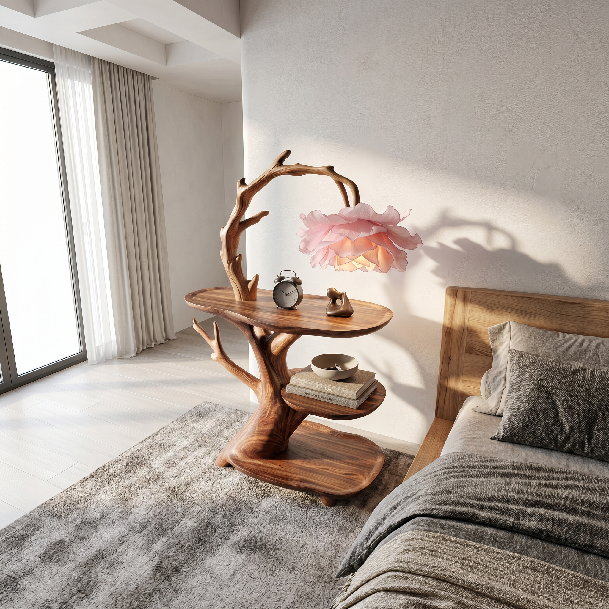 Contemporary Side Table With Floral Accent Lamp For Bedroom And Lounge
