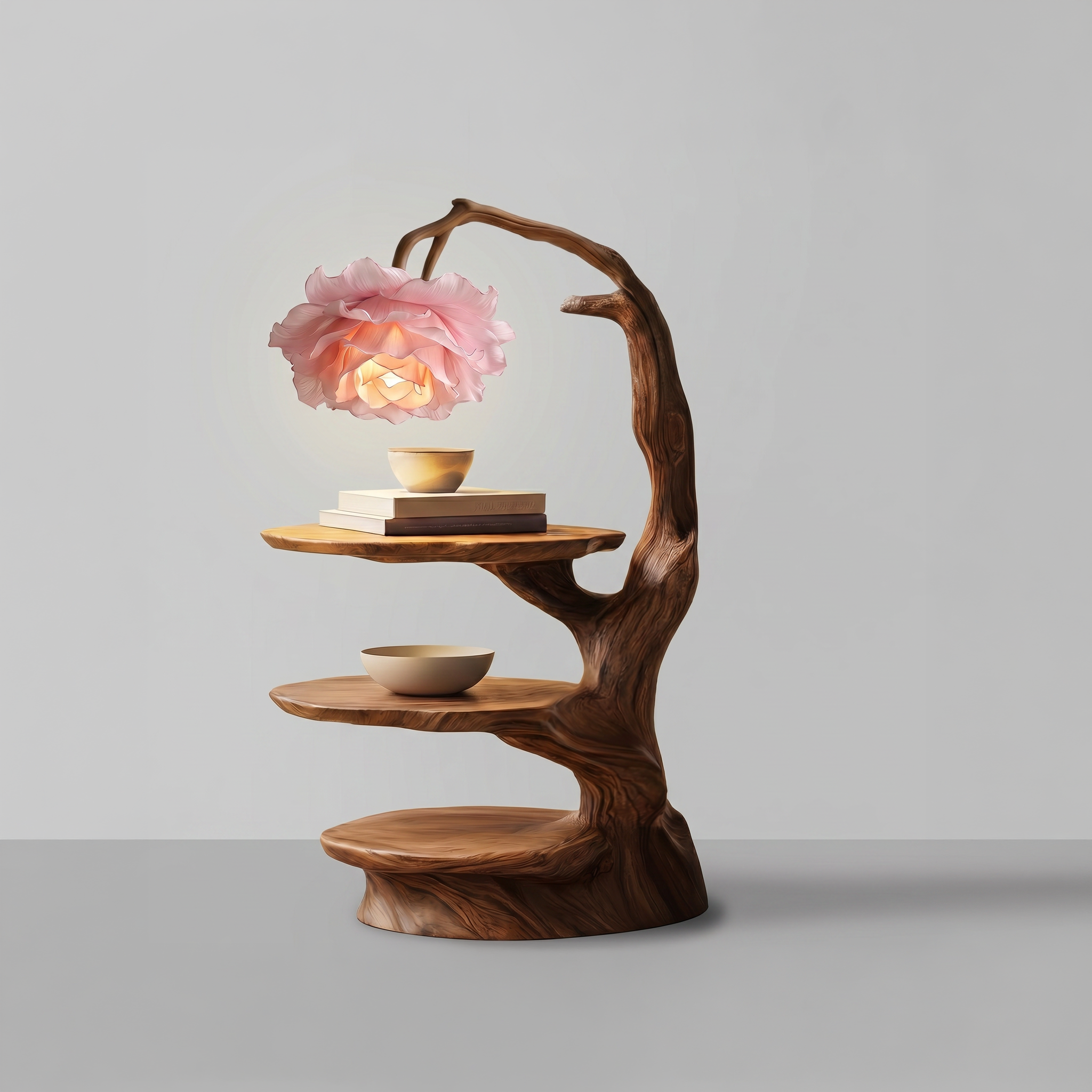 Natural End Table With Tree Branch Form And Flower Lamp For Bedroom And Reading Nook