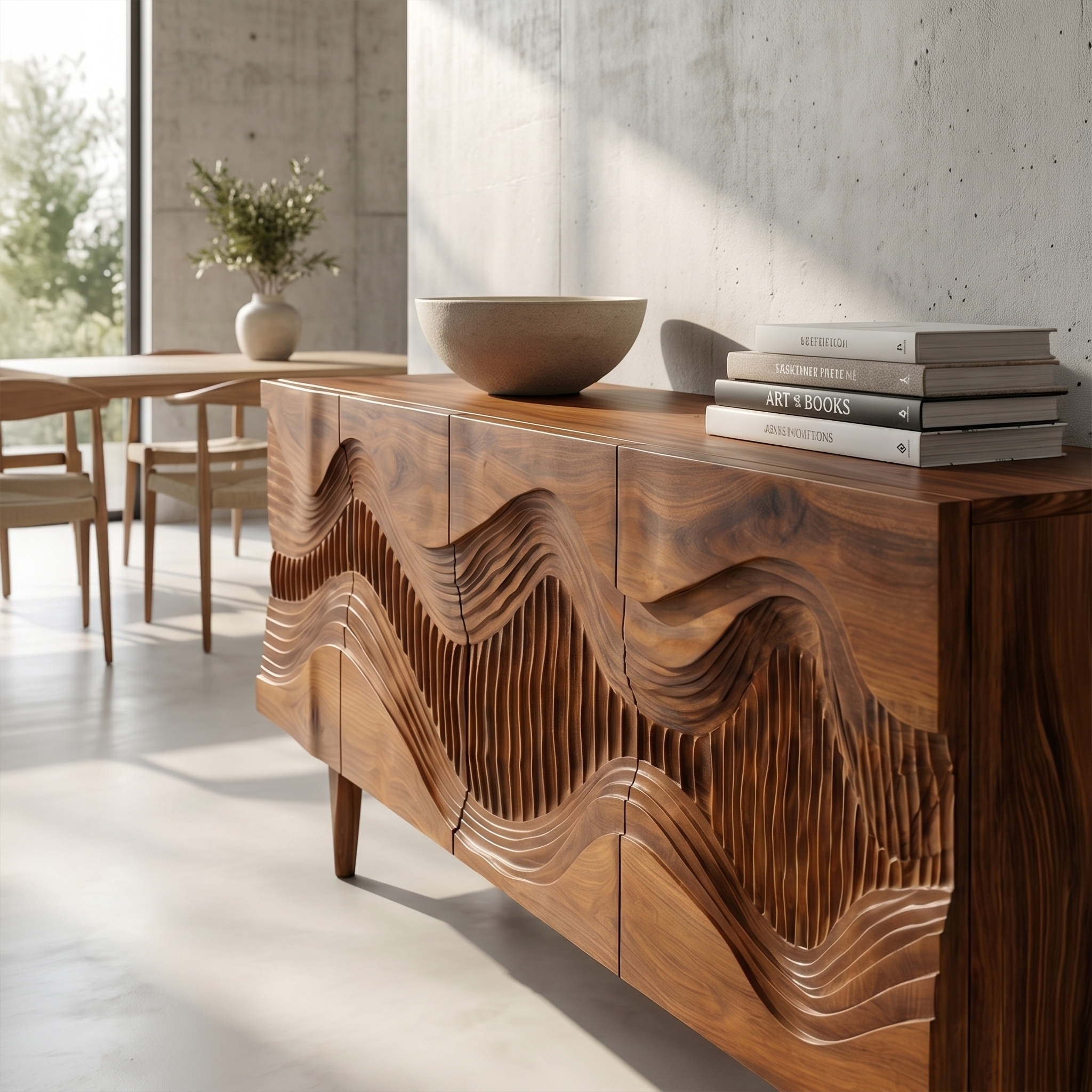 Mid Century Storage Cabinet With Sculptural Wave Carved Wood Doors For Living Room