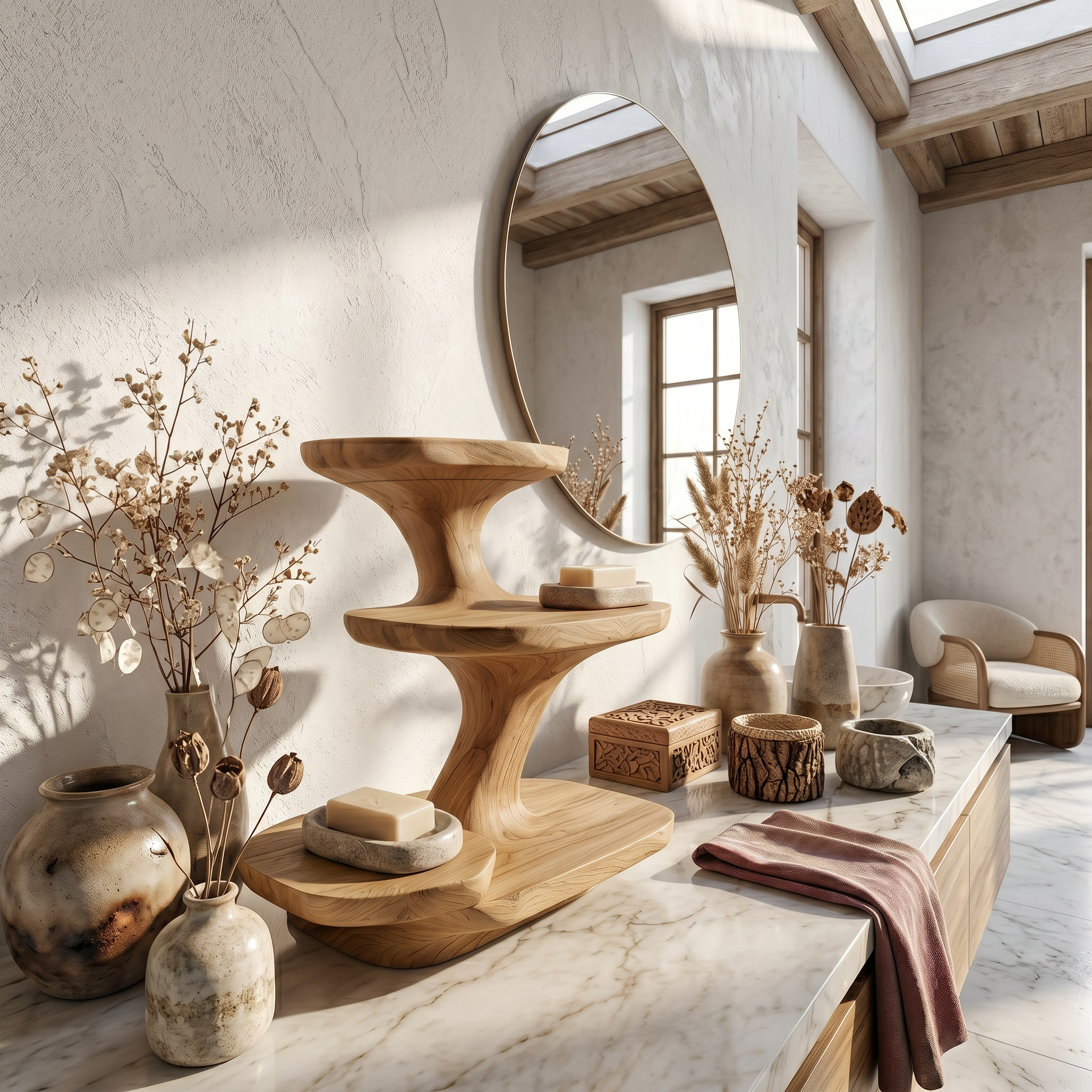 Organic Modern Bathroom Vanity Shelf With Sculptural Tiered Storage For Bathroom