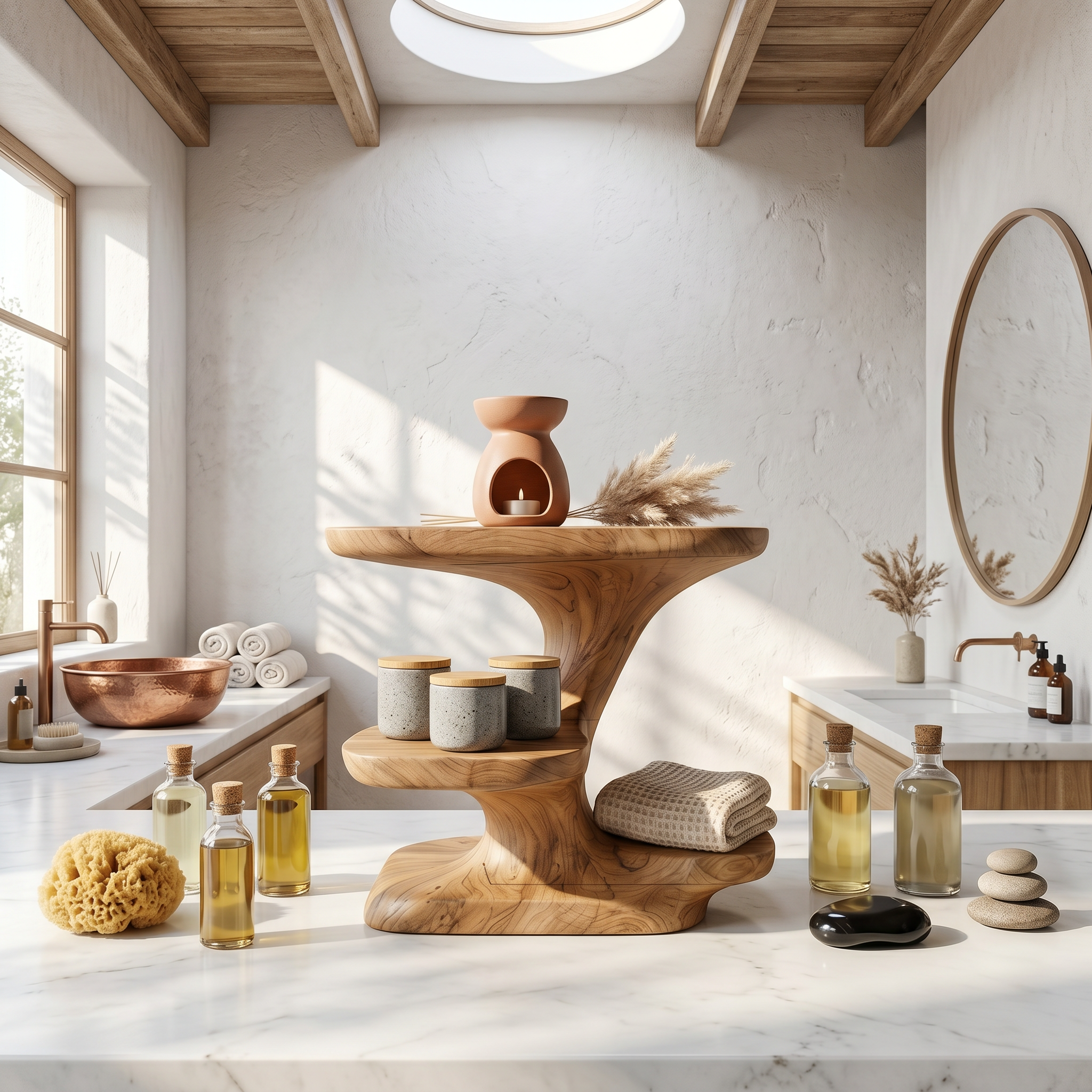 Modern Organic Bathroom Vanity Organizer With Tiered Wood Shelves For Bathroom
