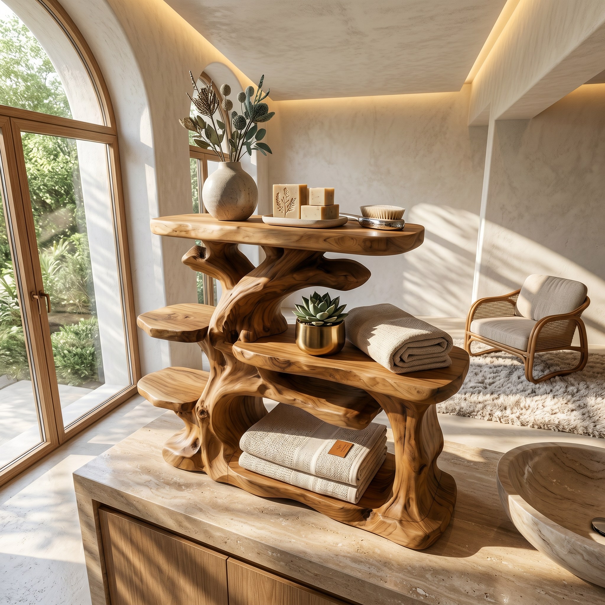 Nature Inspired Bathroom Organizer With Wooden Shelves For Bathroom