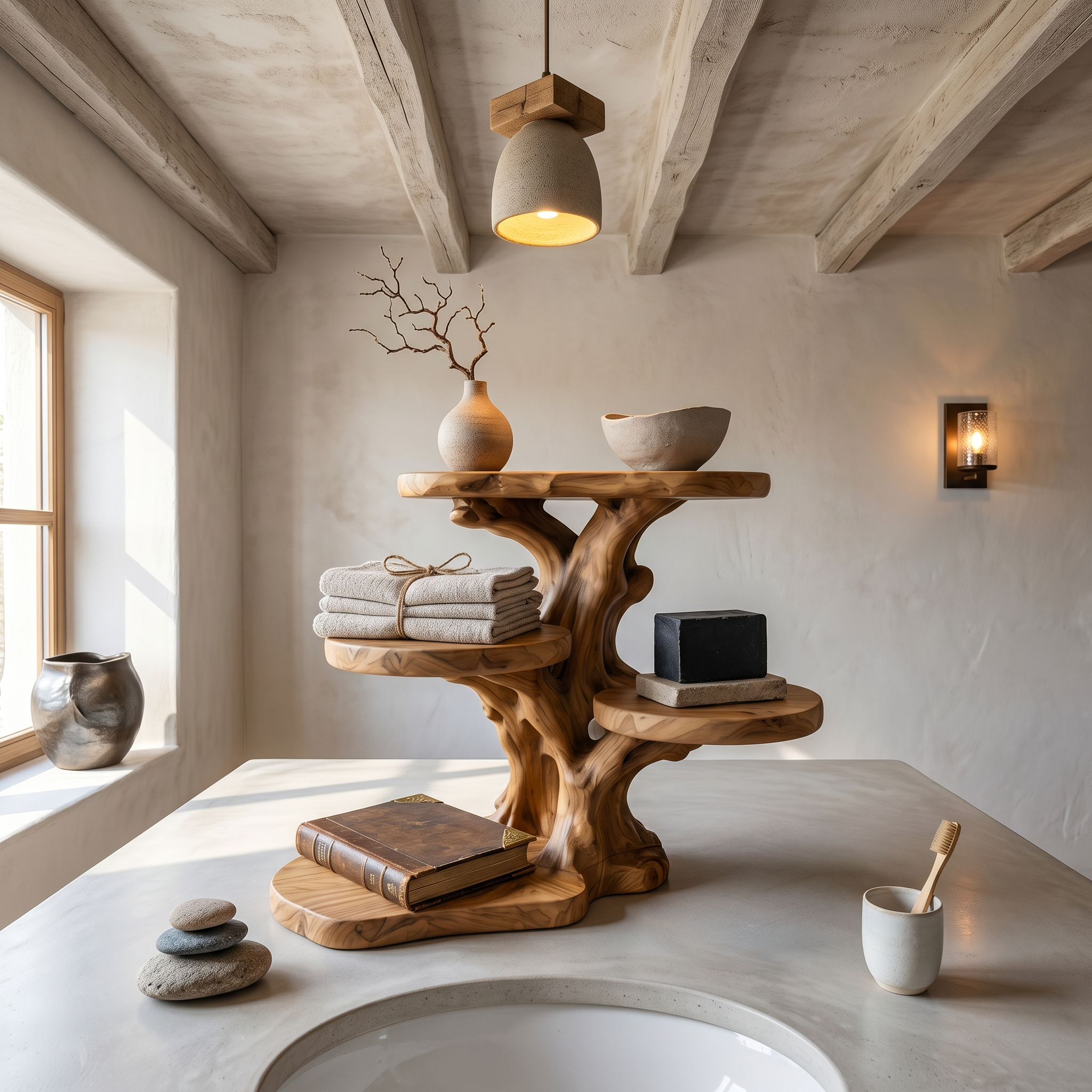 Rustic Tree Bathroom Organizer With Sculptural Display Shelves