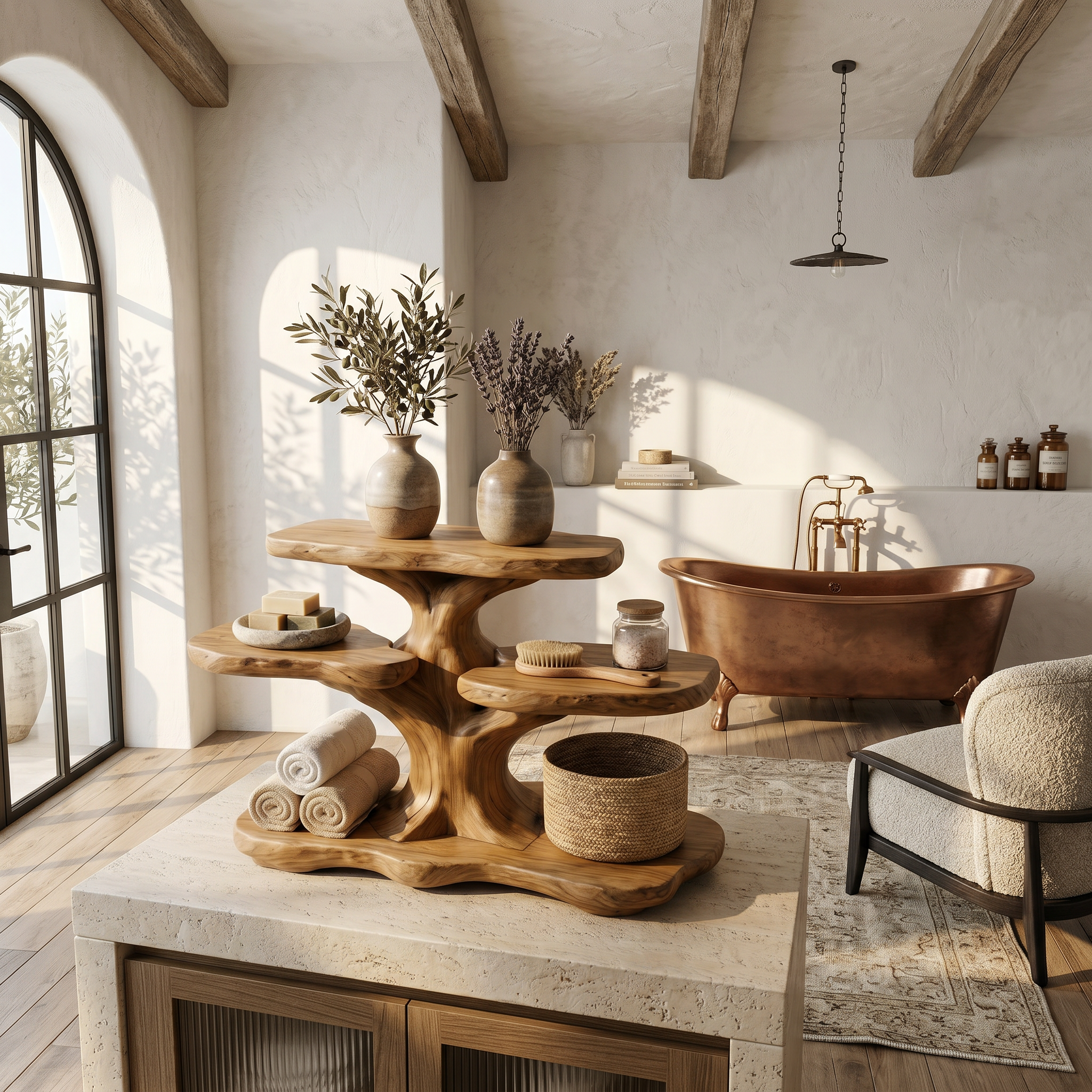 Contemporary Tree Bathroom Organizer With Floating Wood Shelves