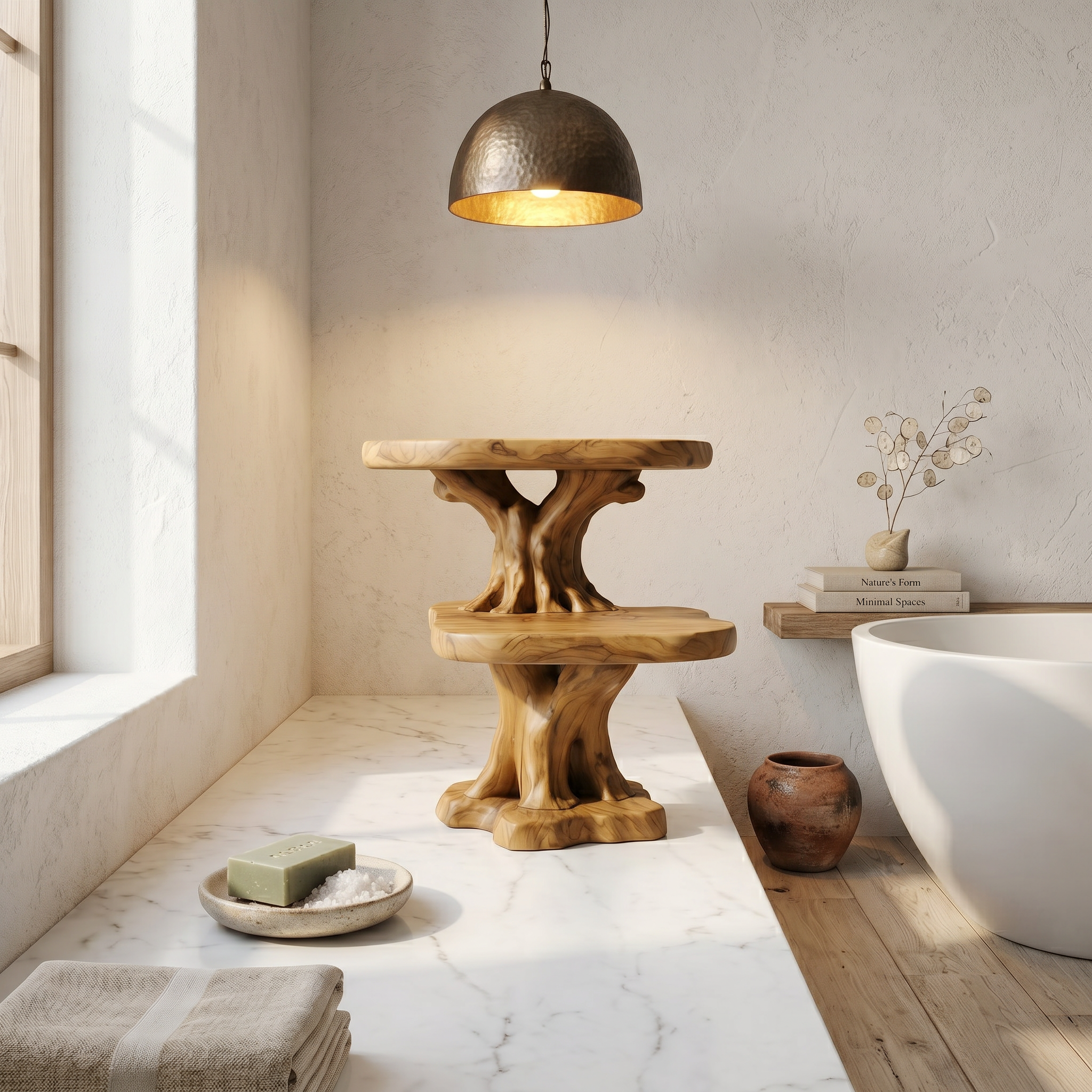 Rustic Tree Bathroom Organizer With Floating Display Shelves