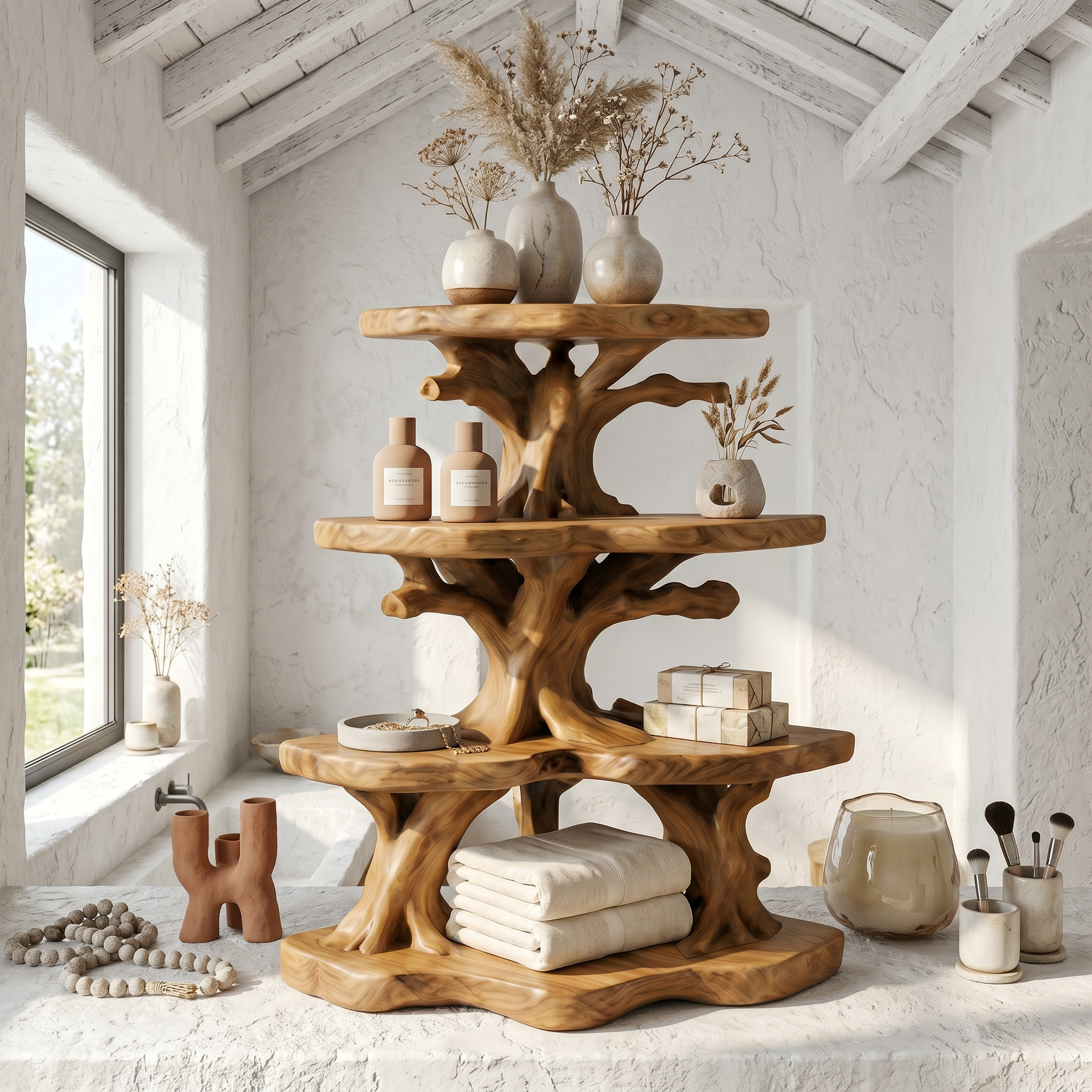 Nature Inspired Corner Bathroom Shelf With Decorative Storage For Bathroom