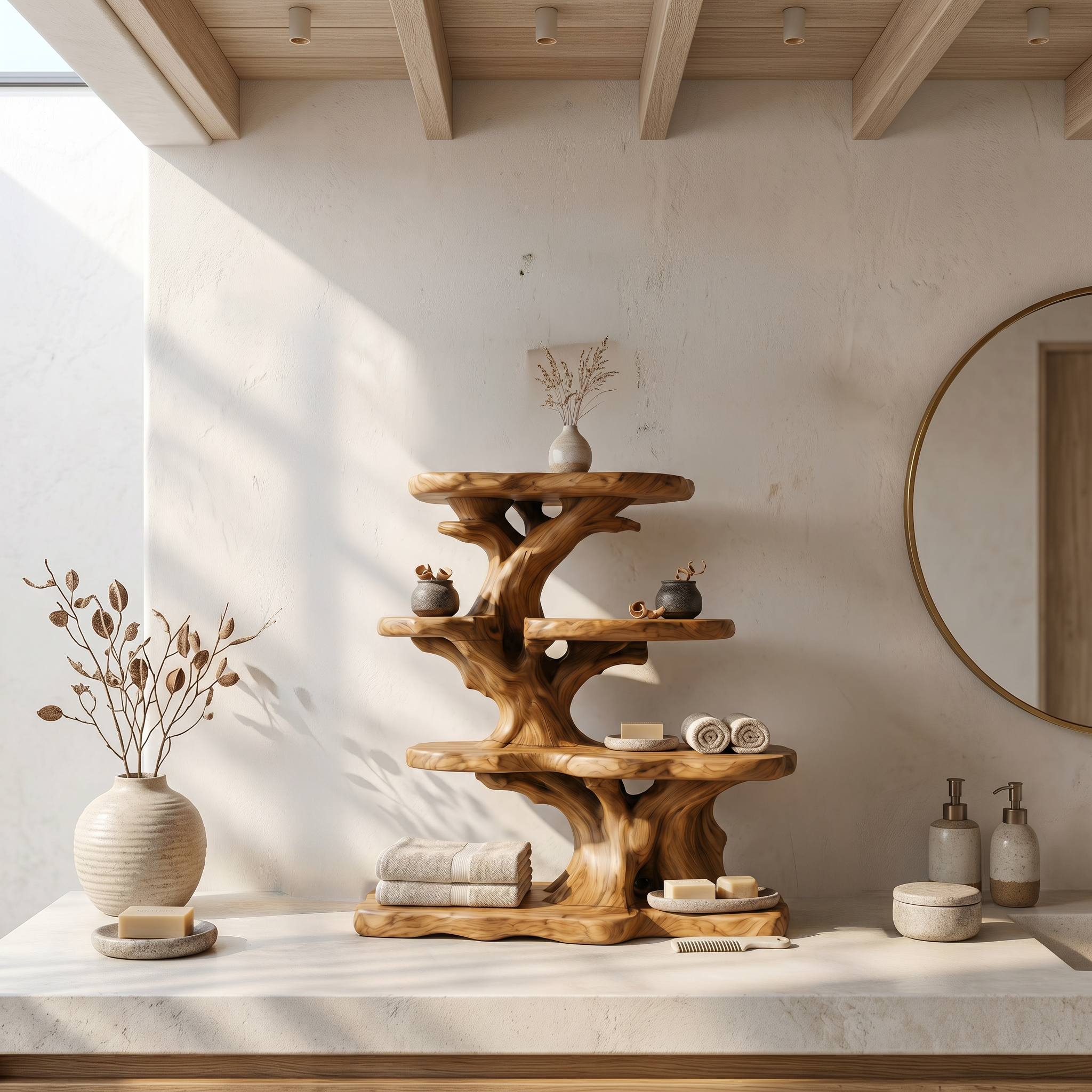 Rustic Bathroom Organizer With Tiered Display Shelves