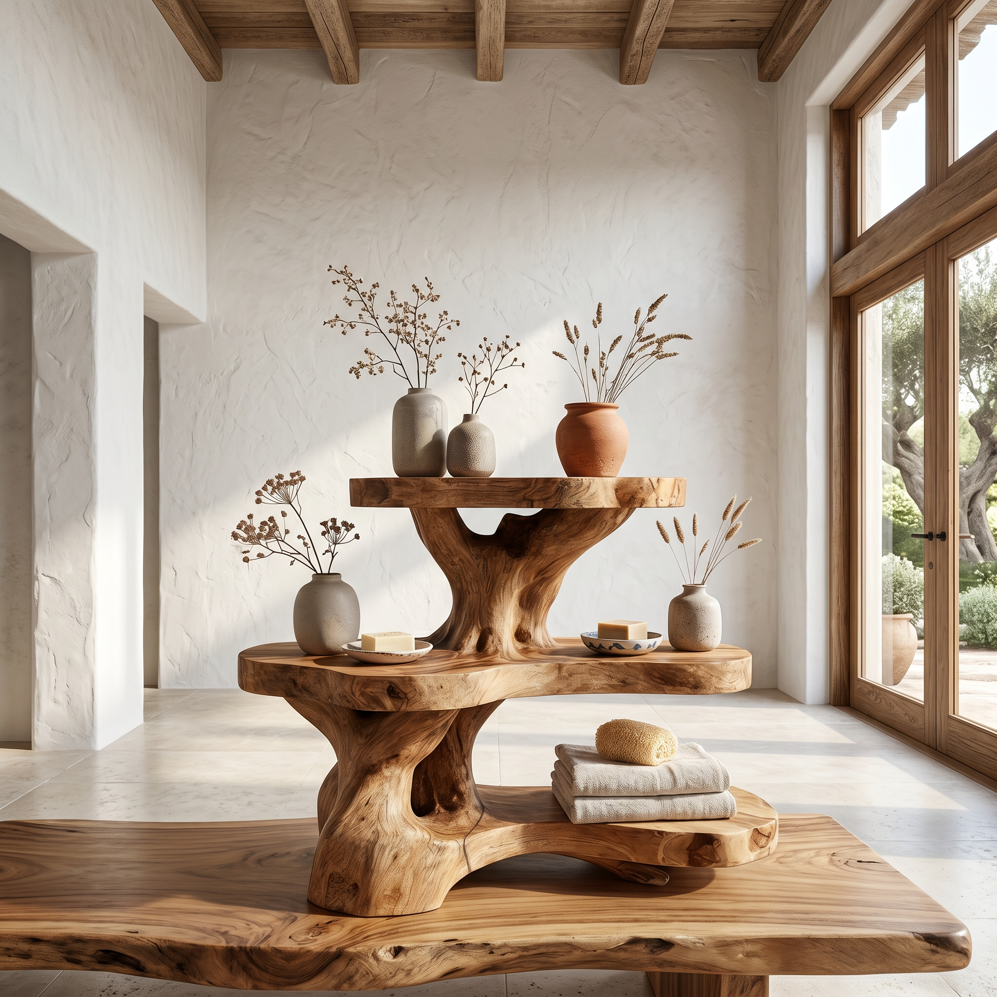 Nature Inspired Bathroom Shelf With Tree Branch Storage For Bathroom
