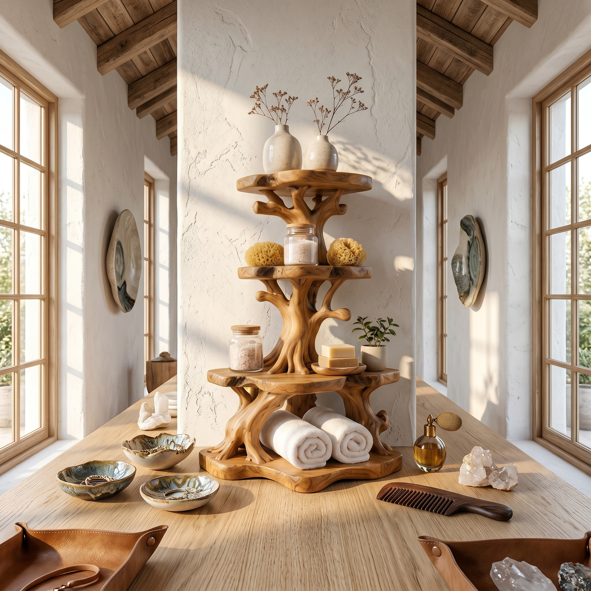 Rustic Bathroom Corner Shelf With Sculptural Wood Display Storage