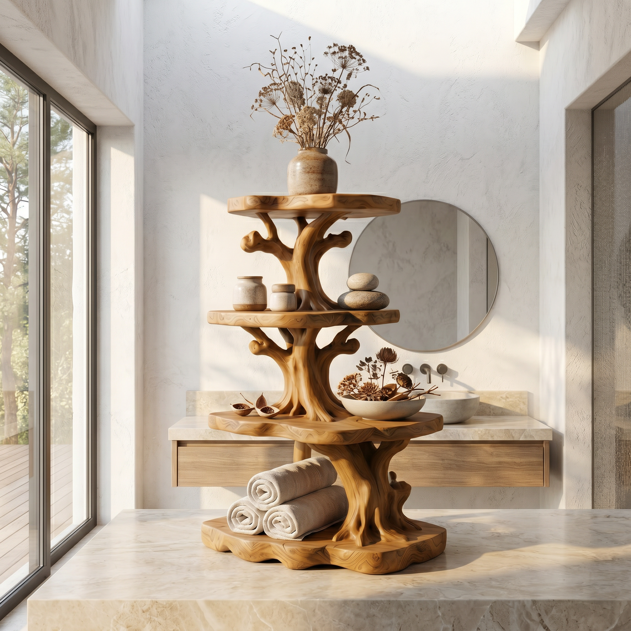 Handcrafted Wooden Bathroom Shelf With Nature Inspired Design For Bathroom