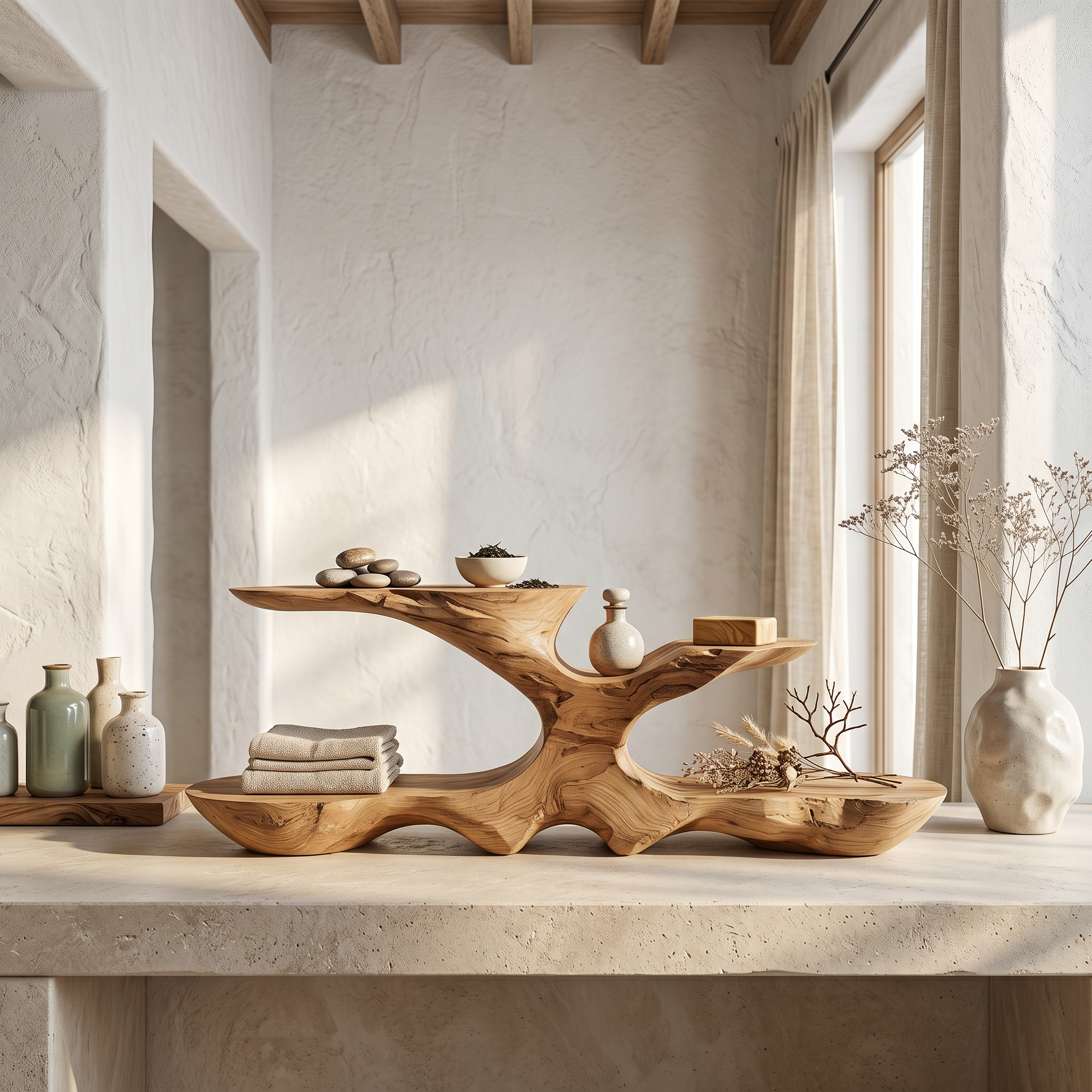 Organic Bathroom Counter Organizer With Sculptural Tiered Shelves