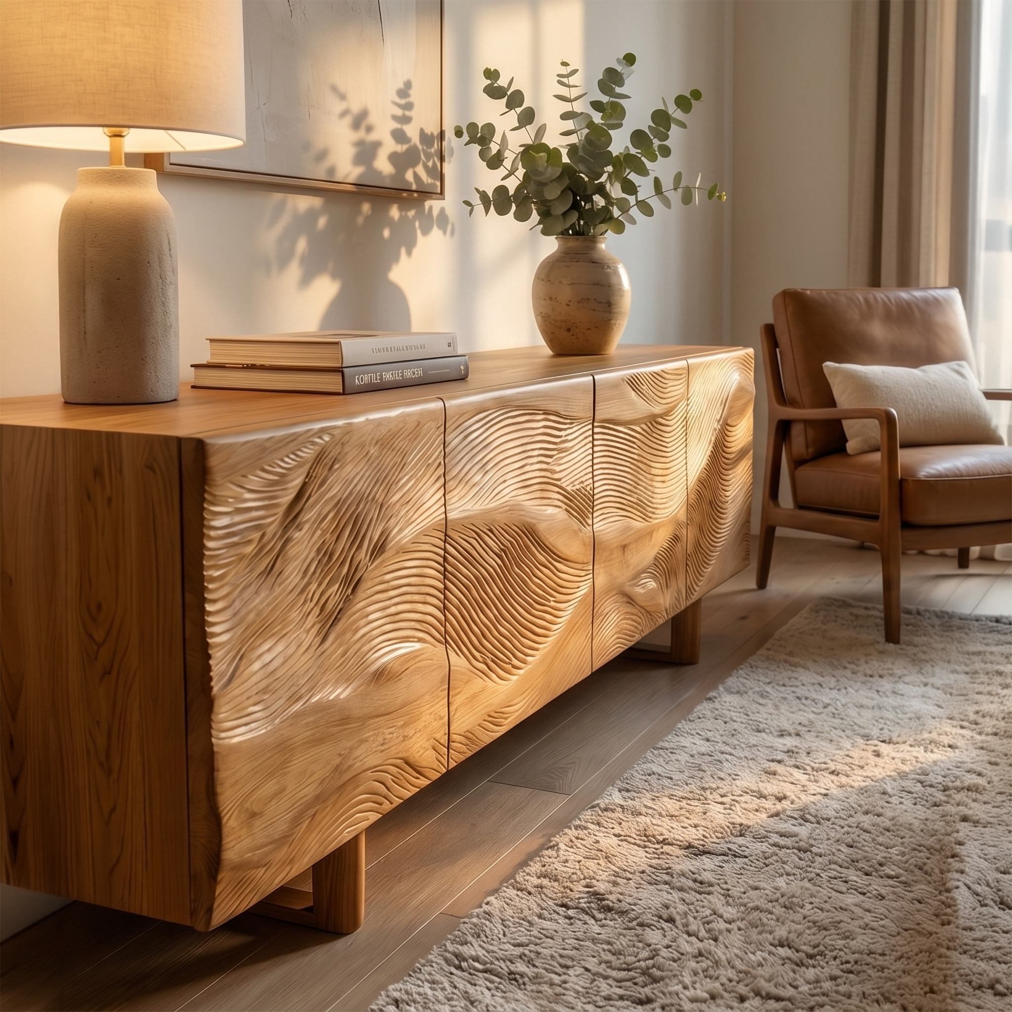Modern Storage Cabinet With Sunburst Carved Wood Doors For Living Room