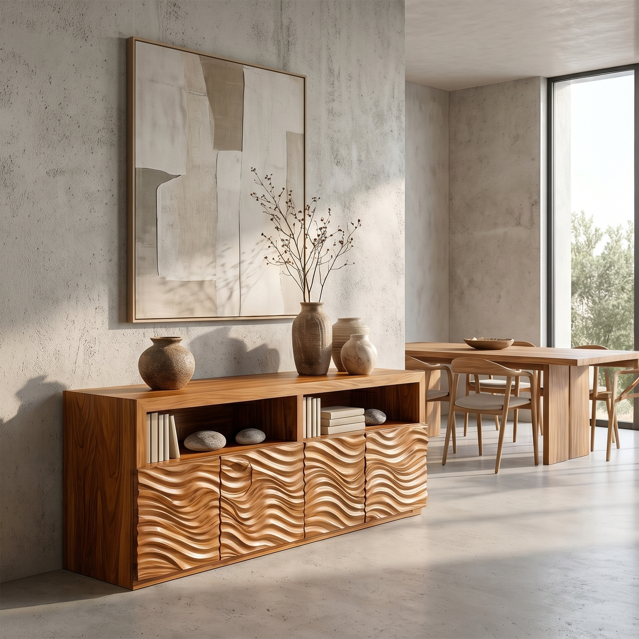 Contemporary Sideboard With Carved Wood Doors And Functional Storage For Living Room