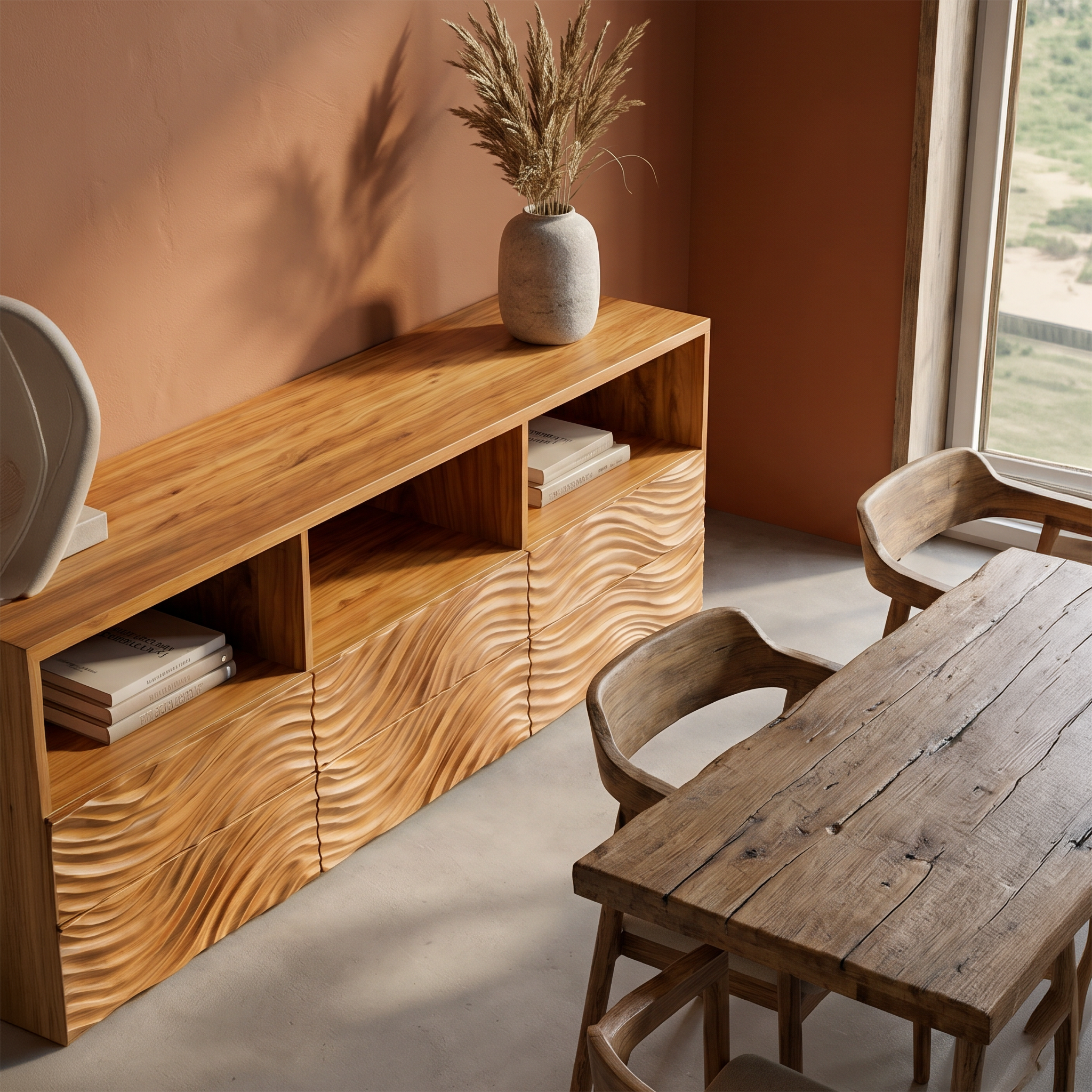 Sculptural Sideboard With Organic Relief Pattern For Living Room