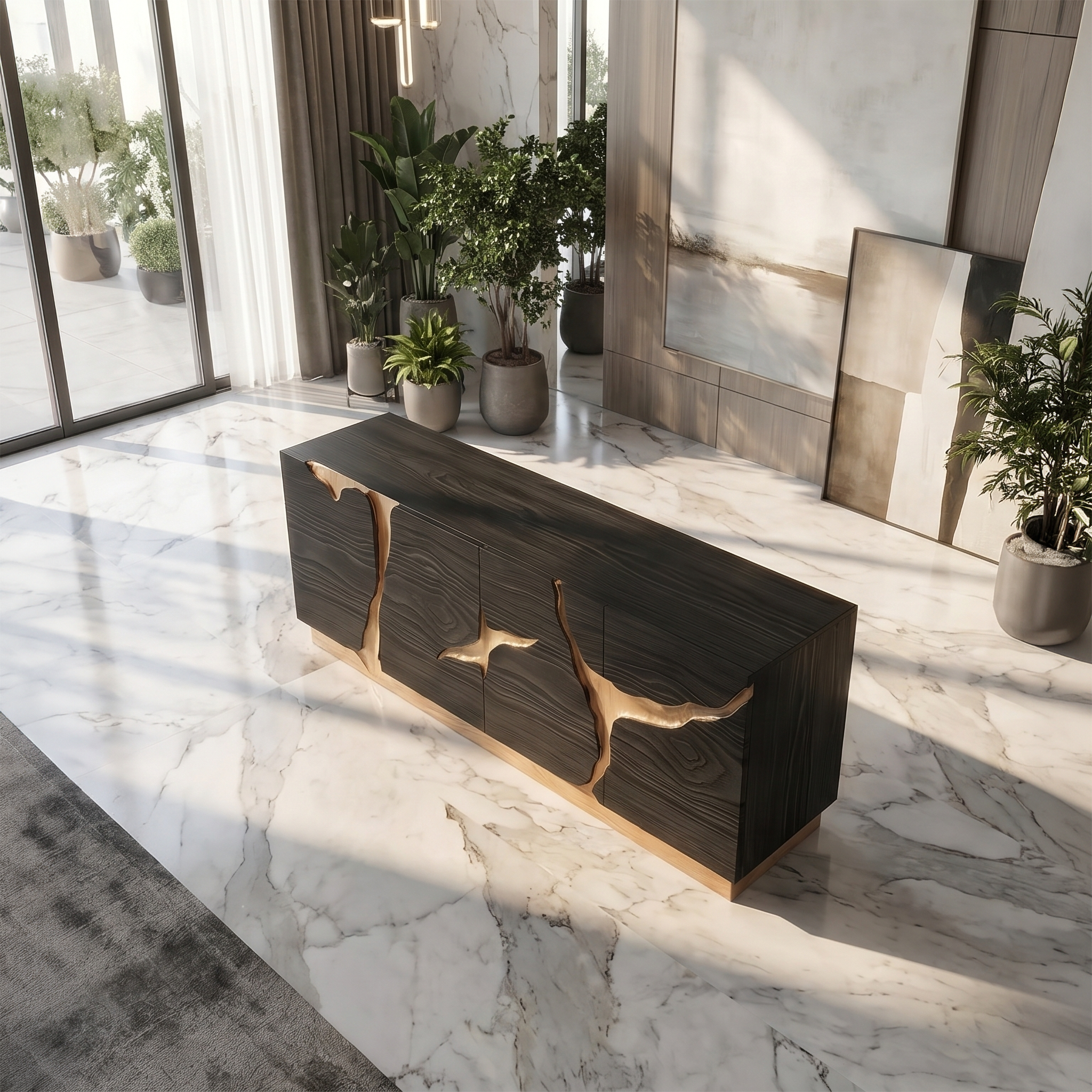 Organic Sideboard With Charred Wood Doors And Natural Live Edge Inlay For Living Room