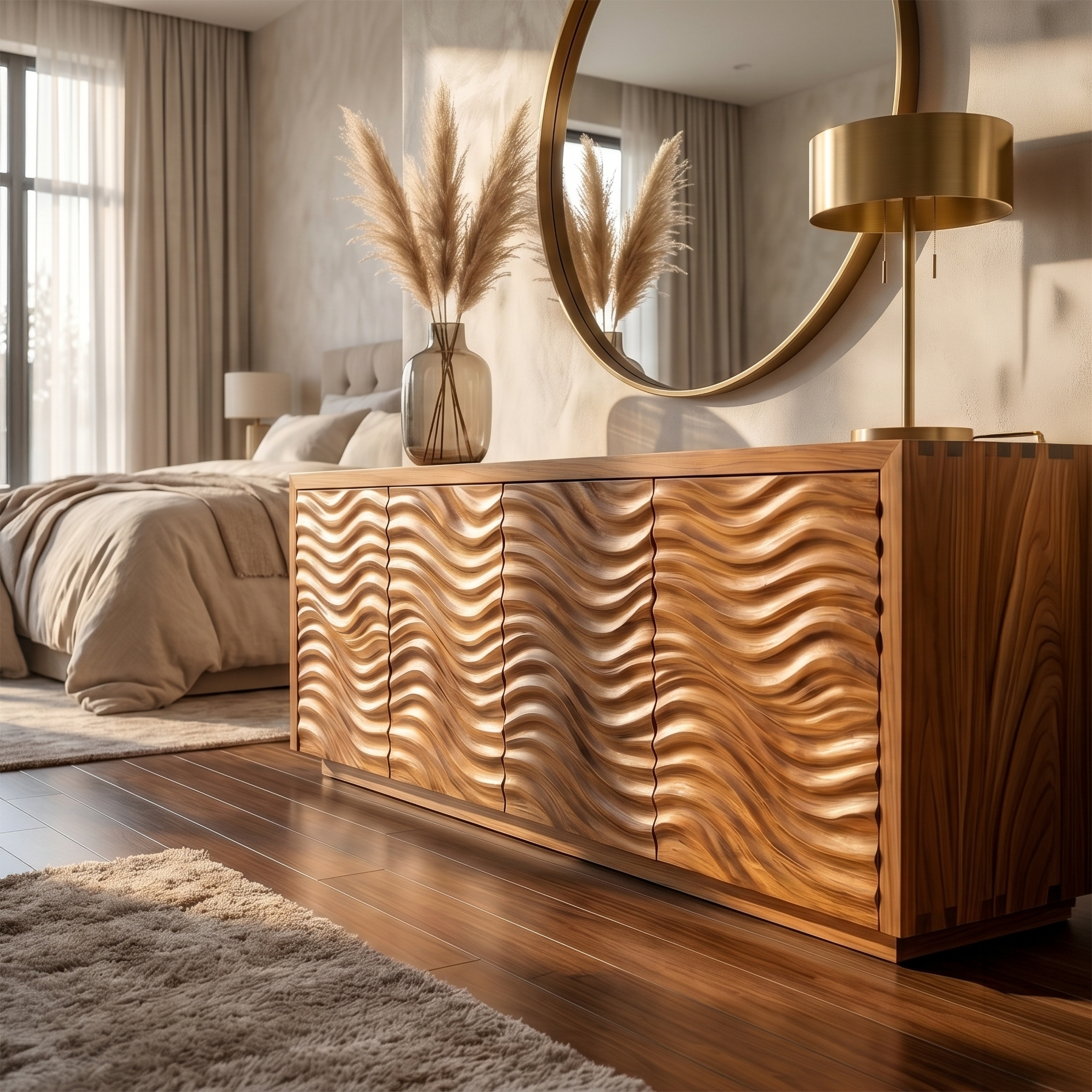 Rustic Sideboard With Hand Carved Wave Wood Doors And Solid Wood Storage For Living Room