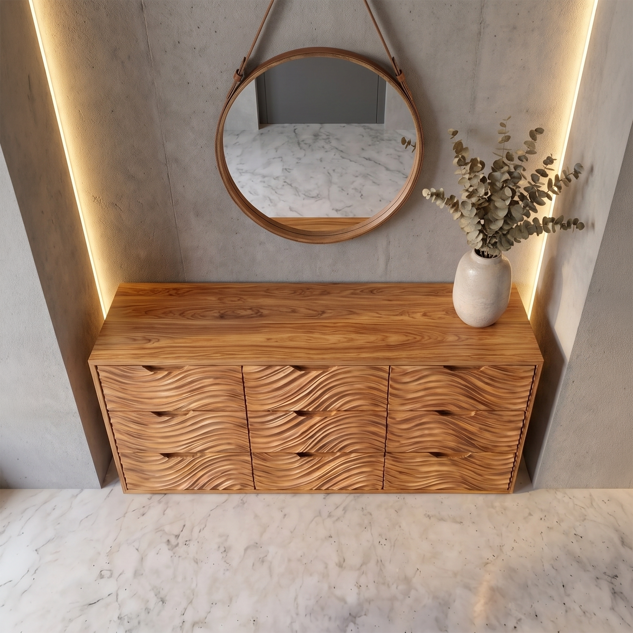 Organic Sideboard With Hand Carved Wave Wood Doors And Solid Wood Storage Cabinet For Living Room