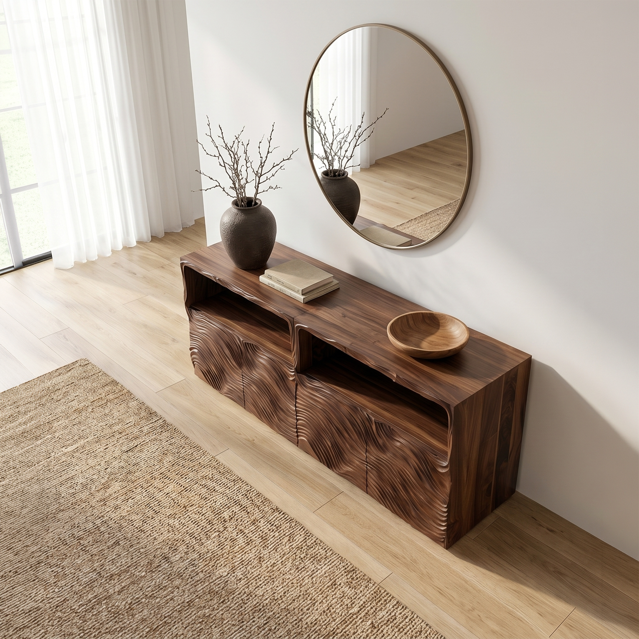 Modern Sideboard With Hand Carved Wave Wood Doors And Open Display Shelves For Living Room