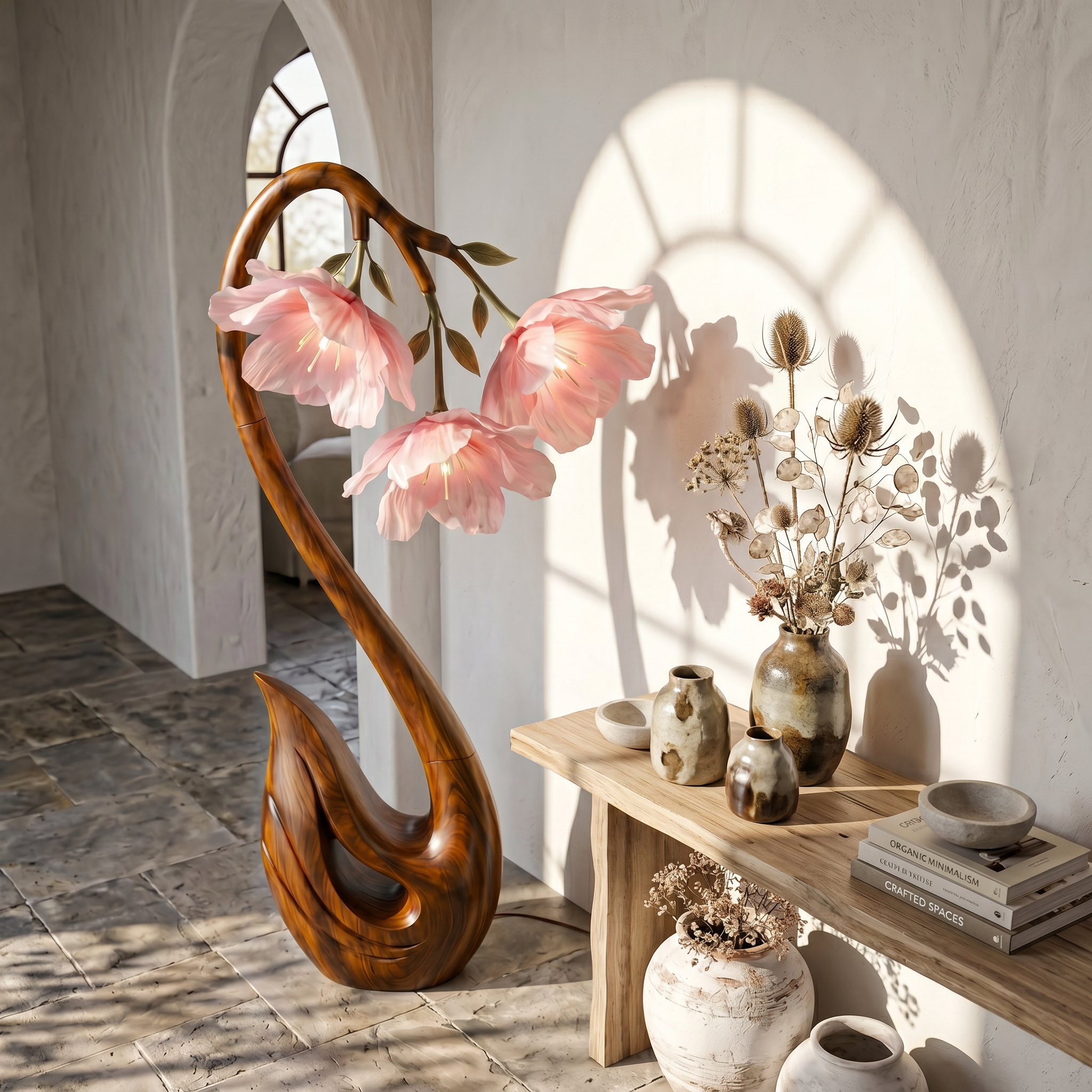 Sculptural Flower Floor Lamp Organic Wood Design For Living Room