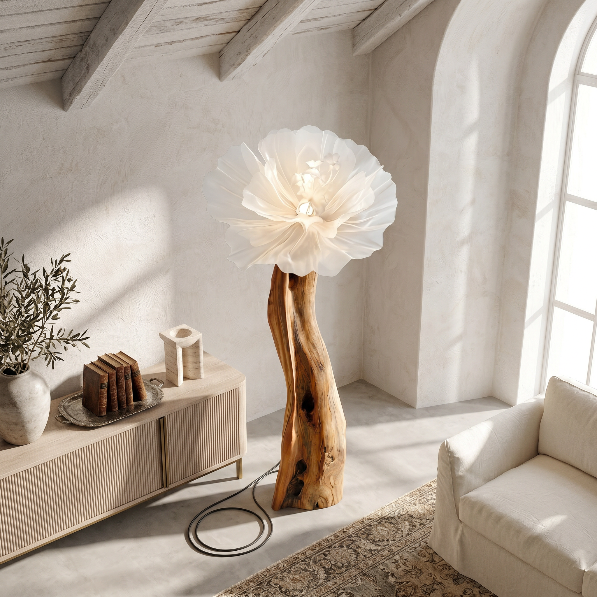 Artistic Flower Floor Lamp Sculptural Wood Base For Living Room