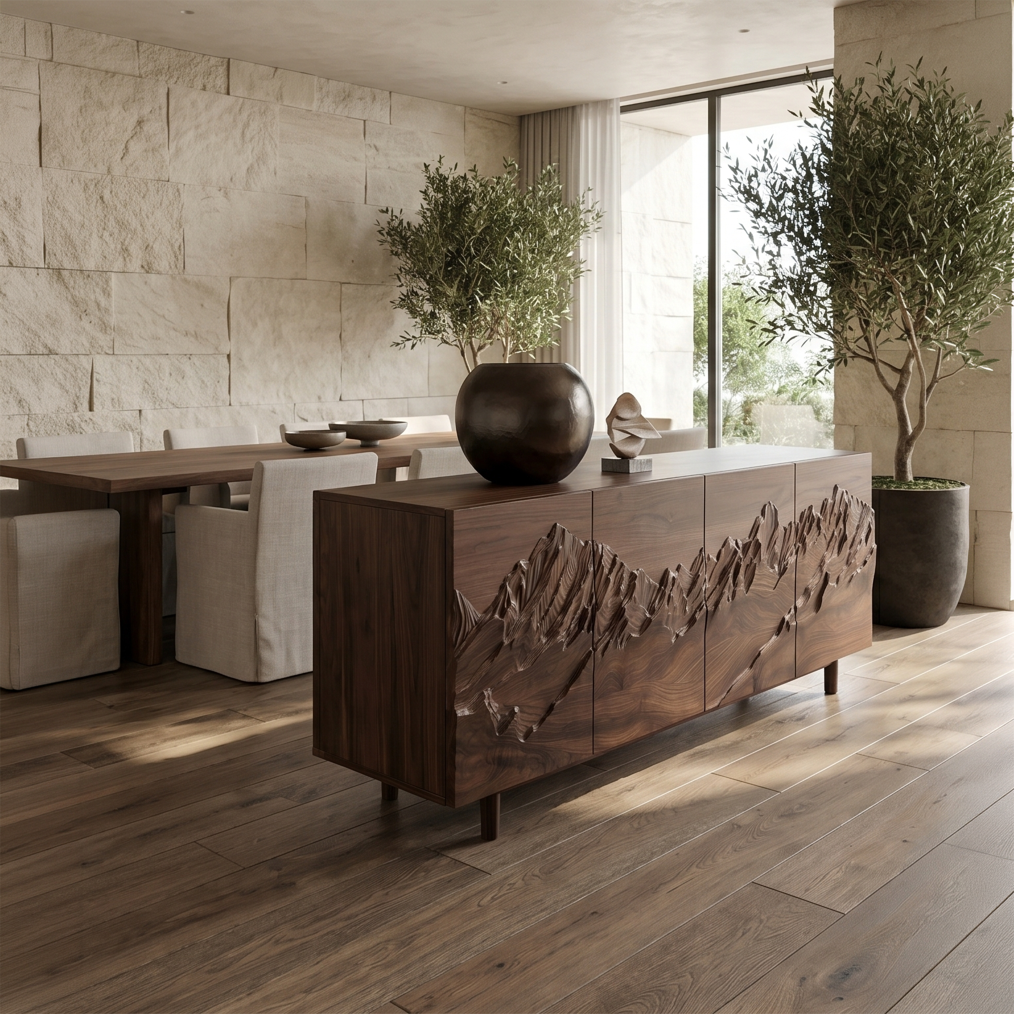 Rustic Mountain Landscape Sideboard With Carved Wood Doors For Living Room And Entryway