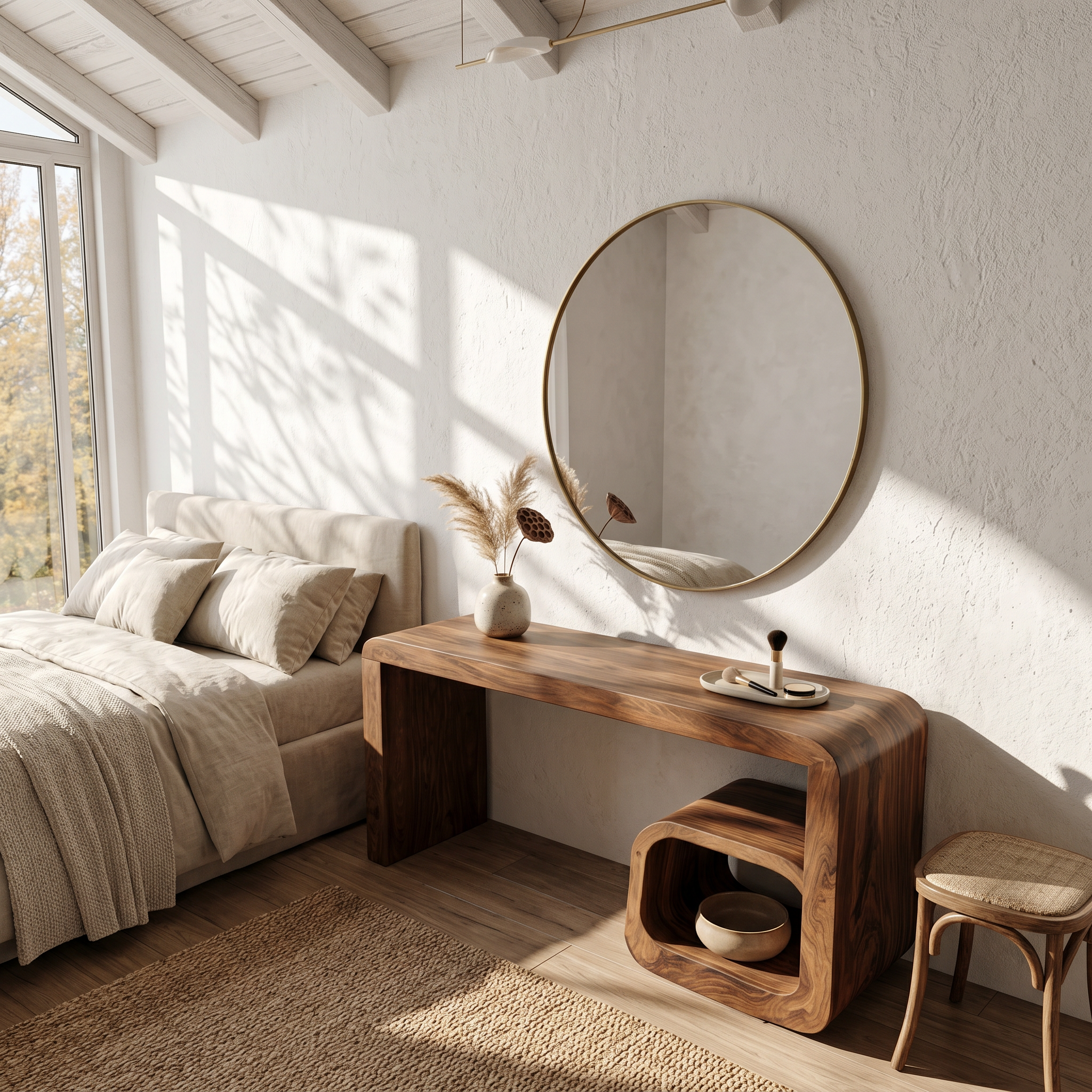 Sculptural Dressing Table With Curved Wood Silhouette For Bedroom Decor