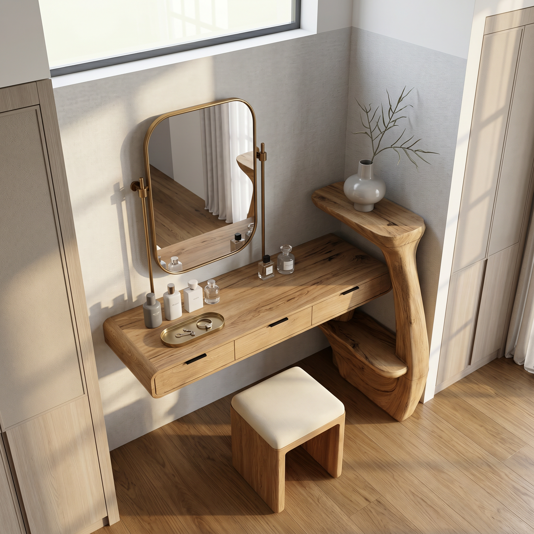 Sculptural Dressing Table With Handcrafted Wood Structure For Bedroom