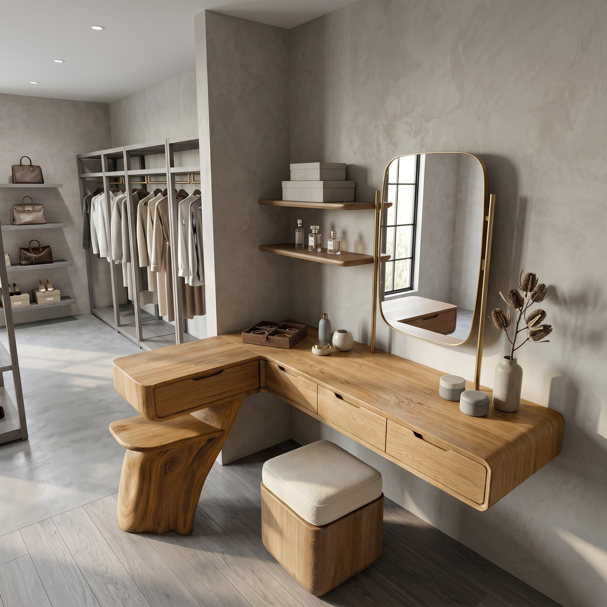 Nature Inspired Dressing Table With Sculptural Wood Design For Bedroom