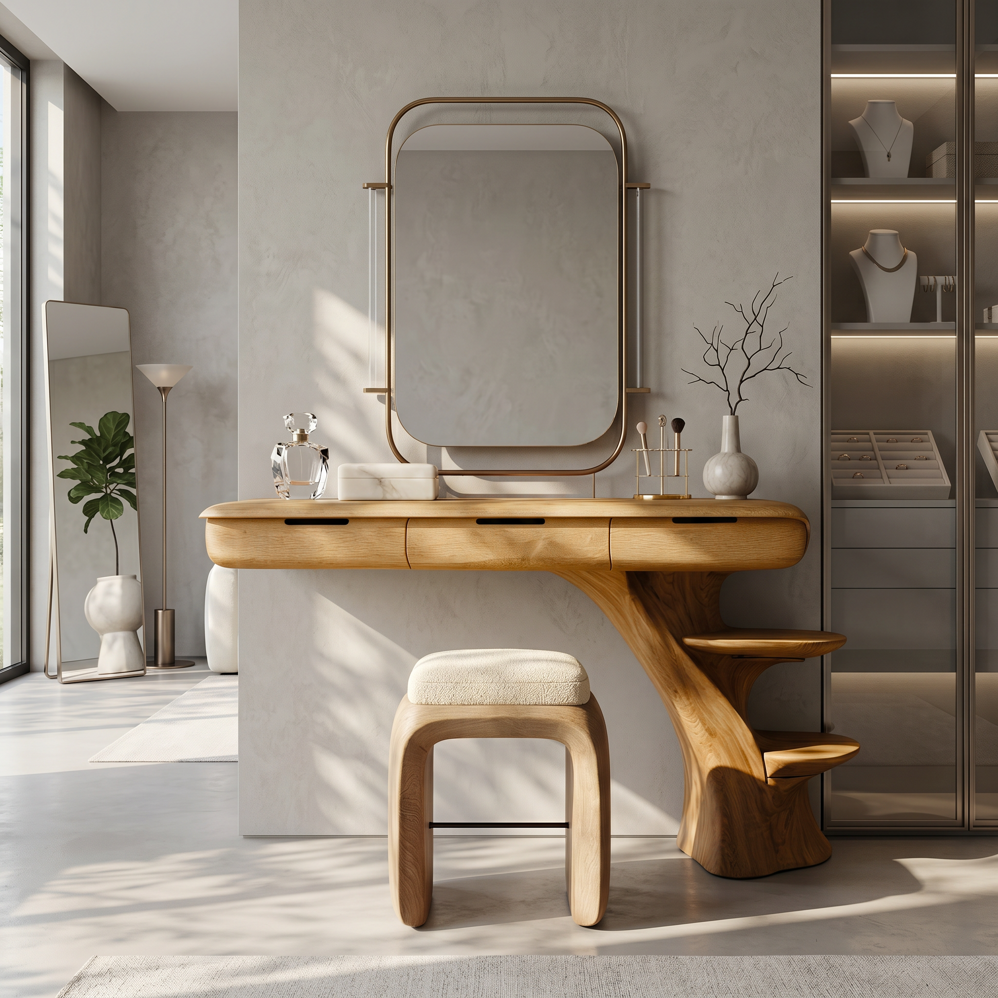 Sculptural Dressing Table With Open Storage Shelves For Bedroom