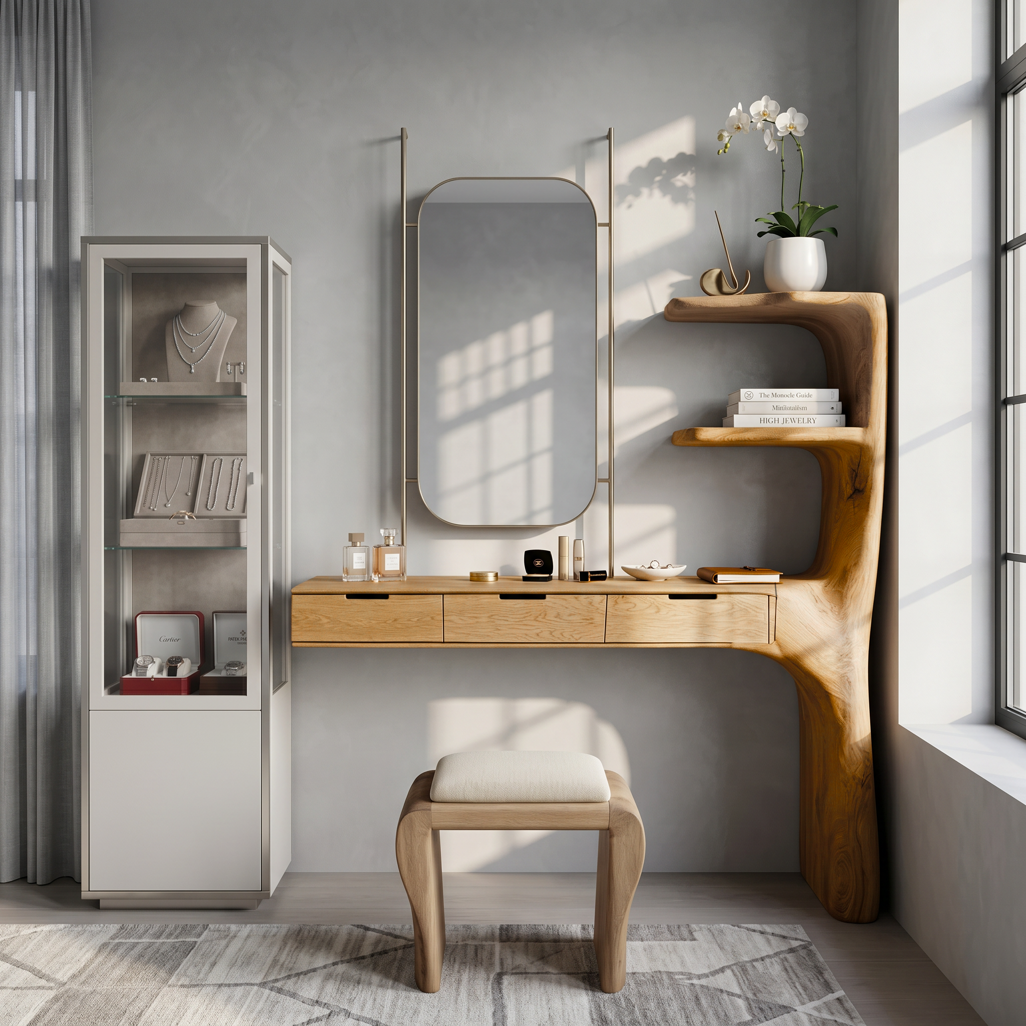 Organic Dressing Table With Built In Storage Shelves For Bedroom And Dressing Room