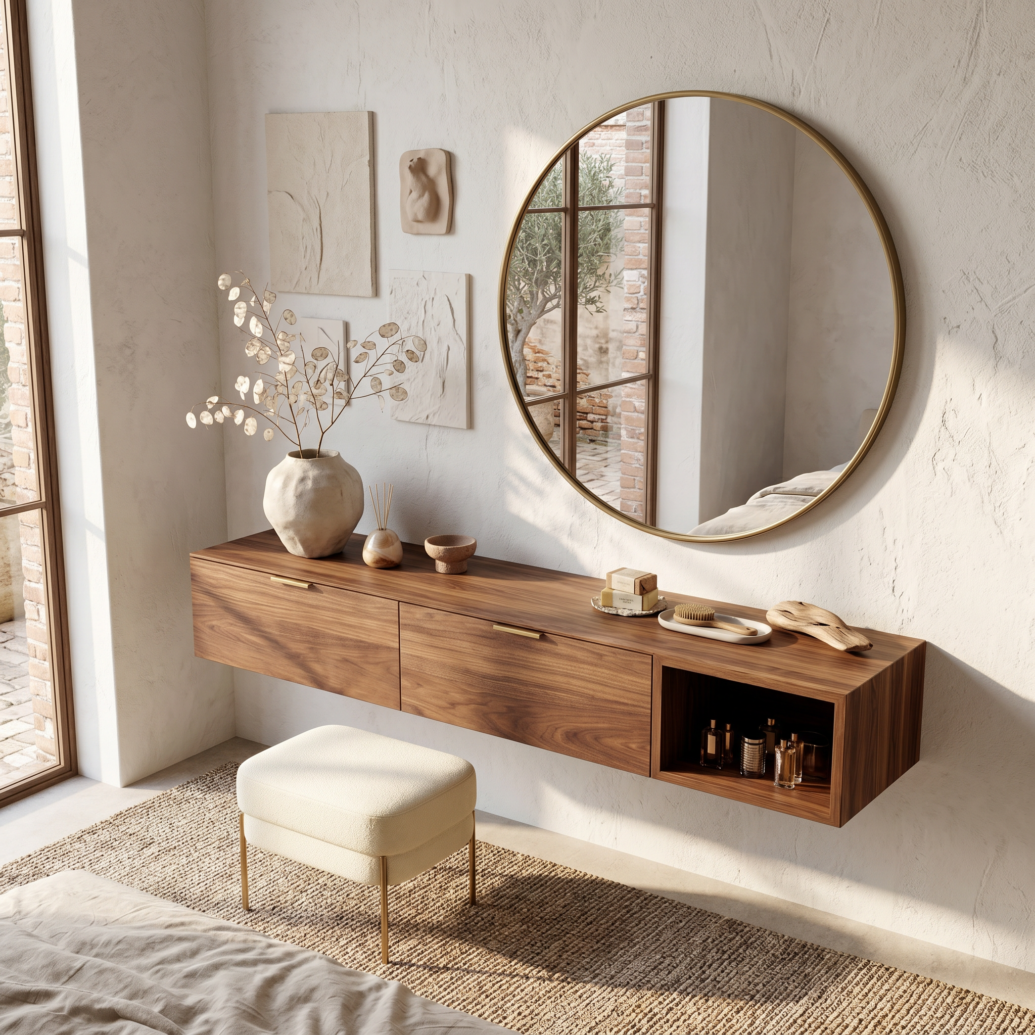 Modern Wall Mounted Dressing Table With Built In Storage For Bedroom