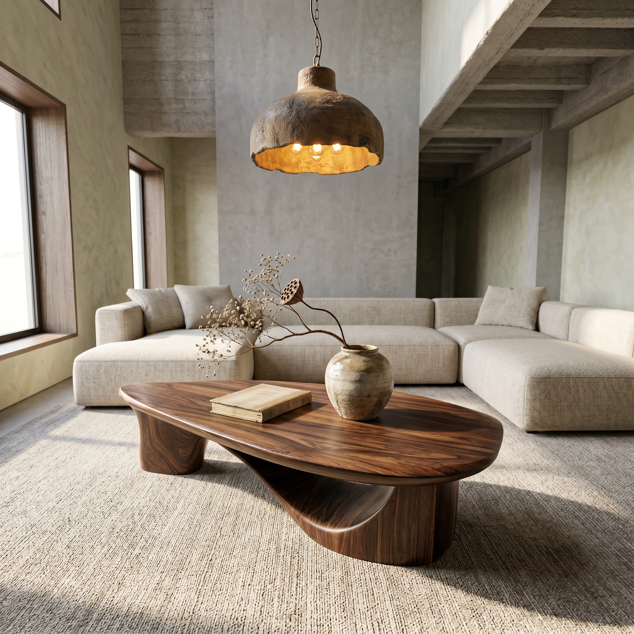 Contemporary Coffee Table With Sculptural Wooden Base For Living Room